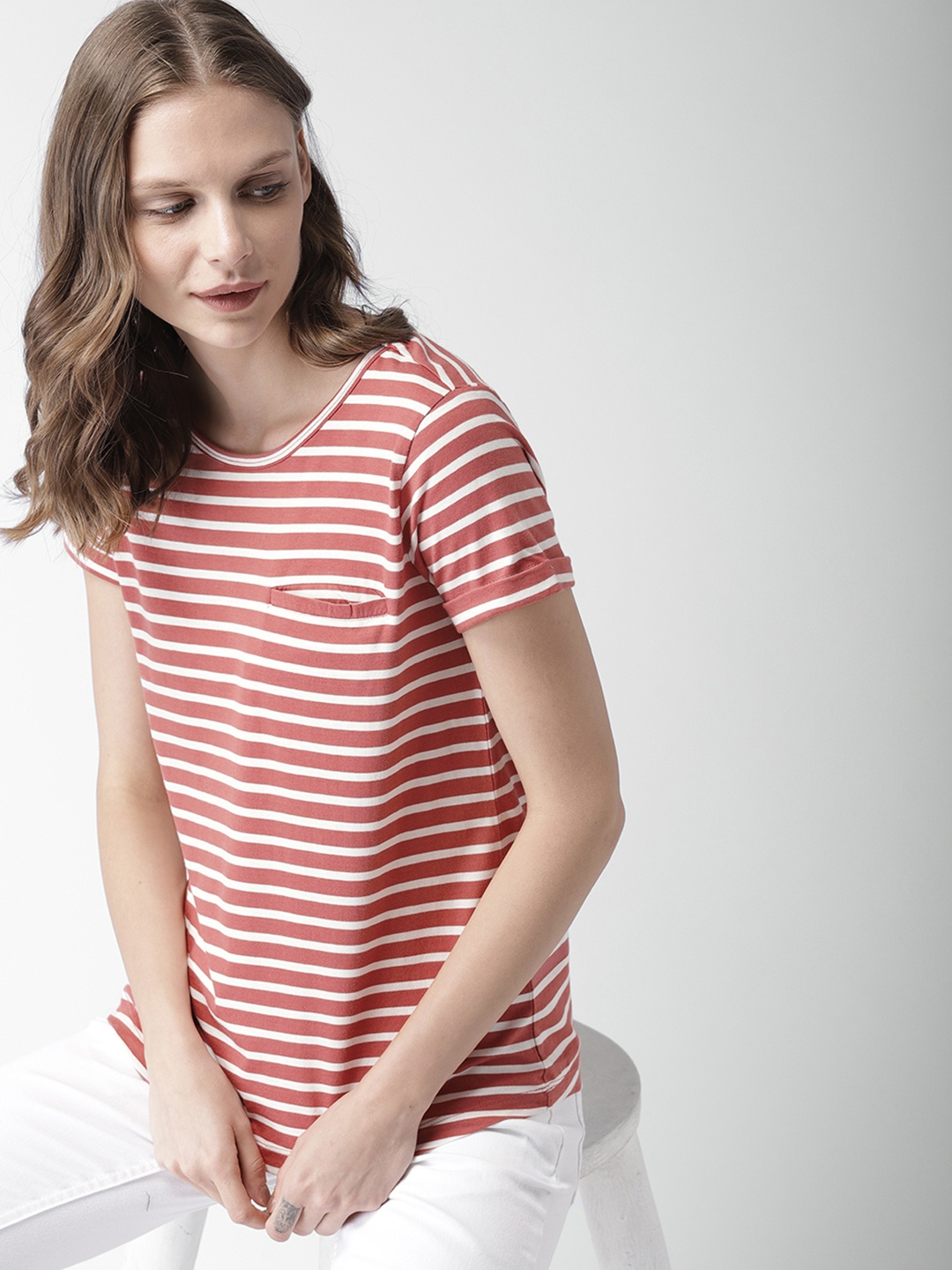 

Mast & Harbour Women Pink & White Striped Round Neck T-shirt