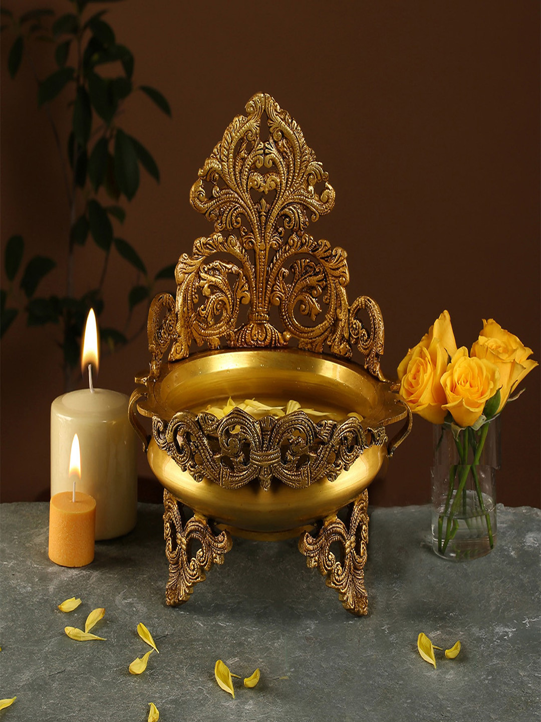 

Two Moustaches Gold-Toned Brass Ethnic Design Urli Bowl