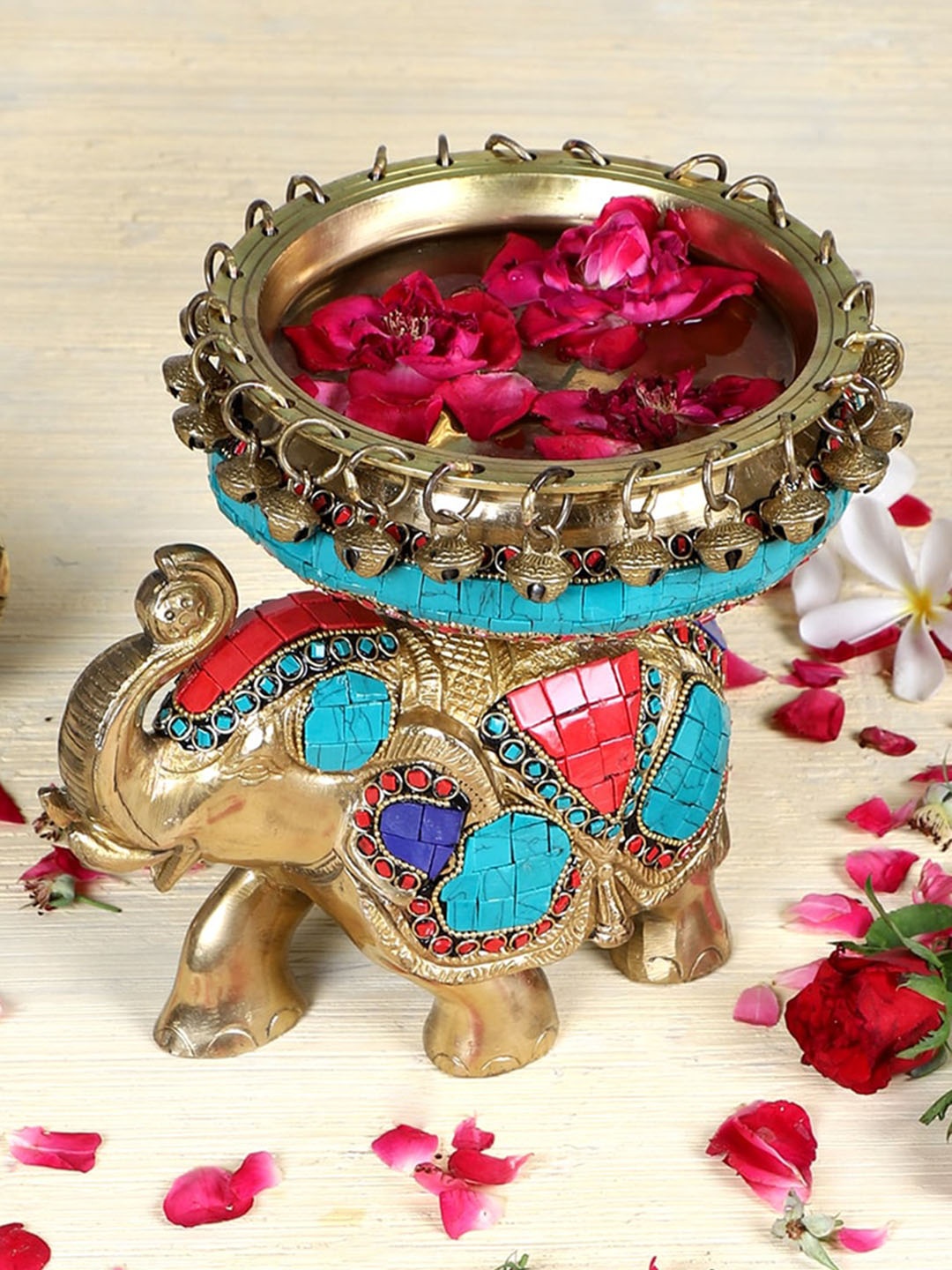 

Two Moustaches Gold-Toned Urli Over Brass Elephant Showpiece