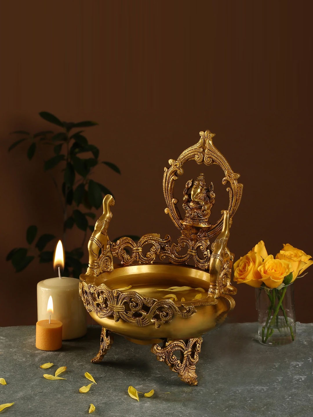 

Two Moustaches Gold-Toned Elephant Design Urli Bowl