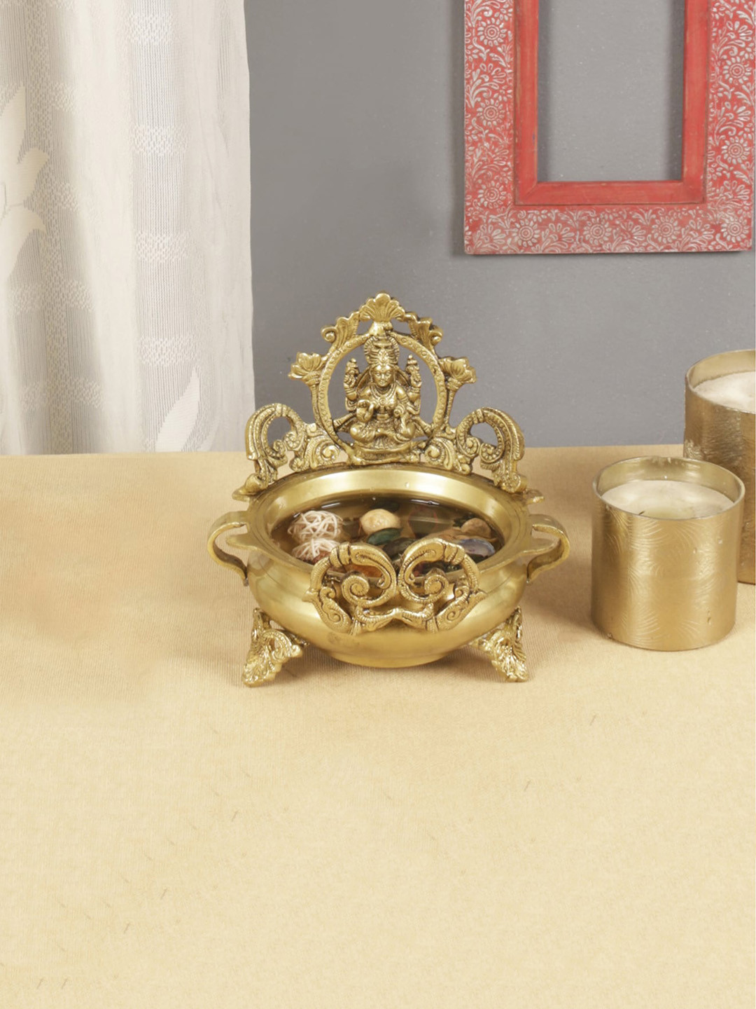 

Two Moustaches Gold-Toned Laxmi Design Brass Urli Bowl