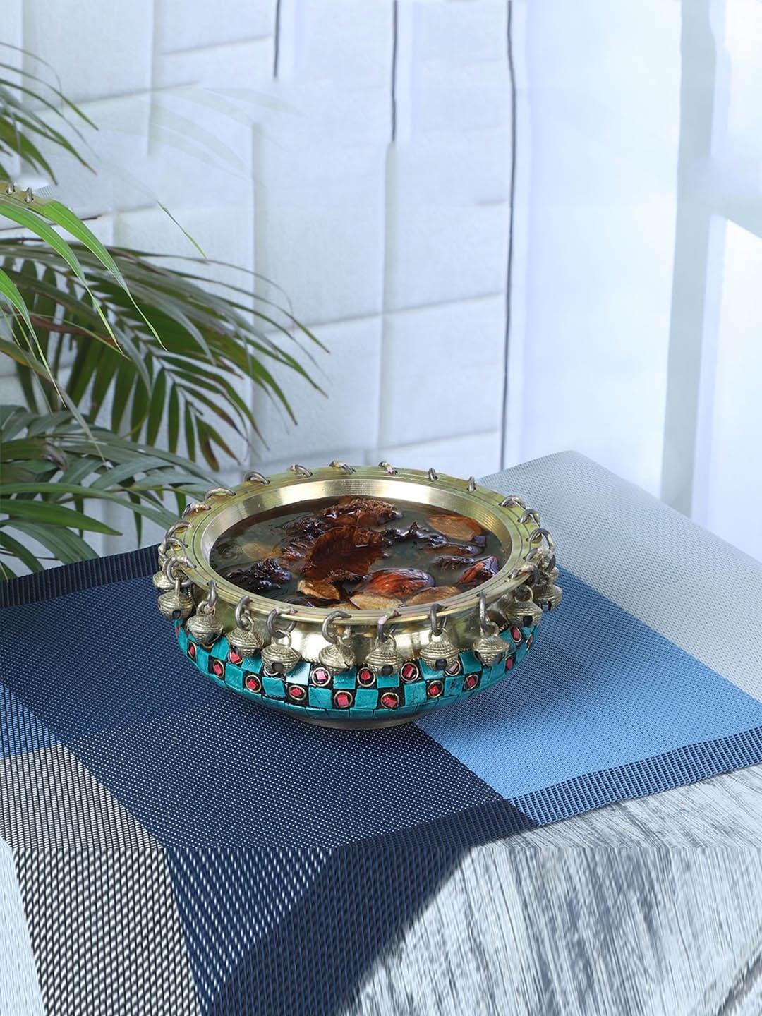 

Two Moustaches Golden & Blue Ethnic Design Brass Urli Bowl, Gold