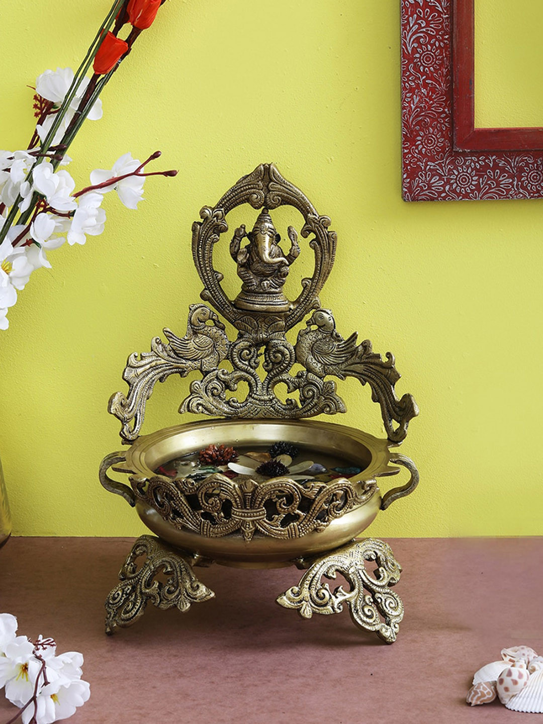 

Two Moustaches Golden Peacock Design Ganesha Urli, Gold