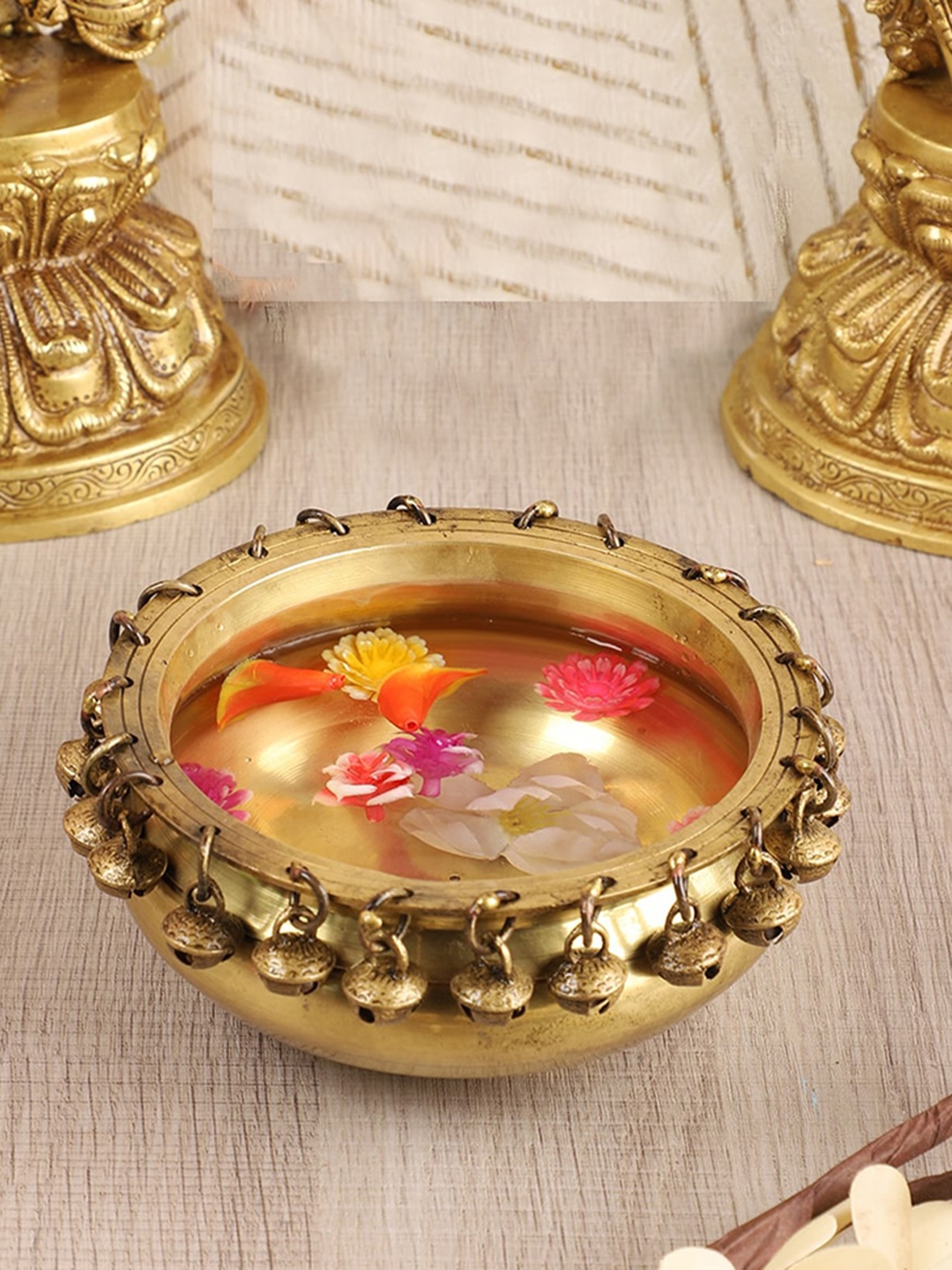 

Two Moustaches Golden Ethnic Traditional Brass Urli Bowl With Bells, Gold