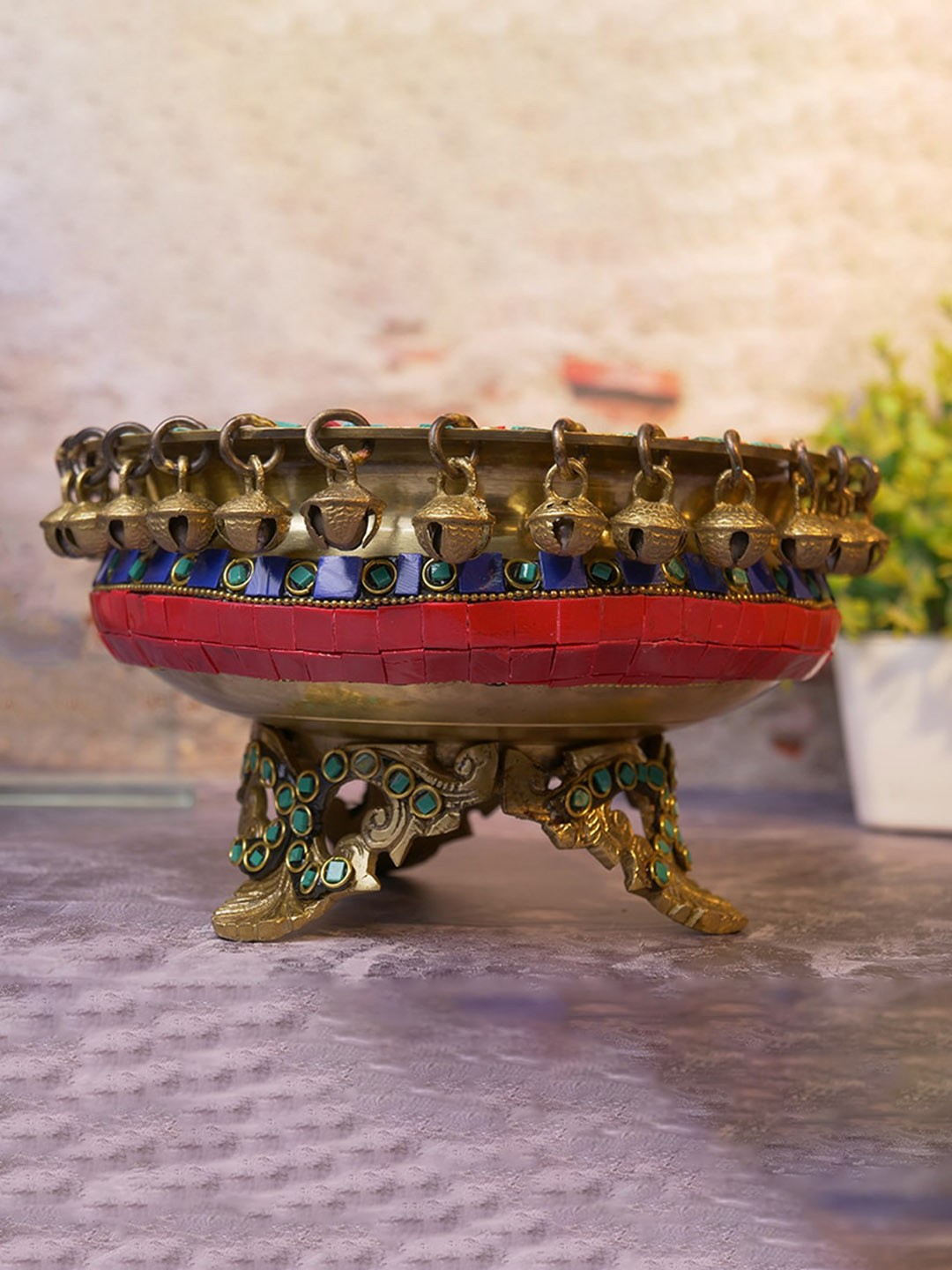 

Two Moustaches Ethnic Carved Stone Studded Brass Urli, Gold
