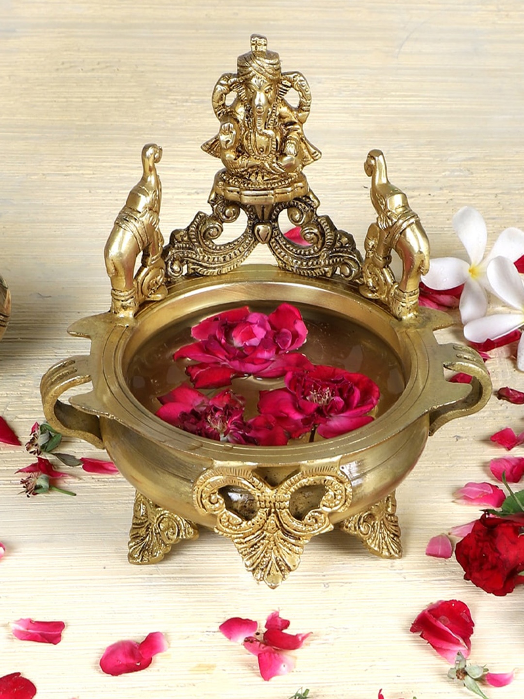 

Two Moustaches Golden Ganesha Design Urli Bowl, Gold
