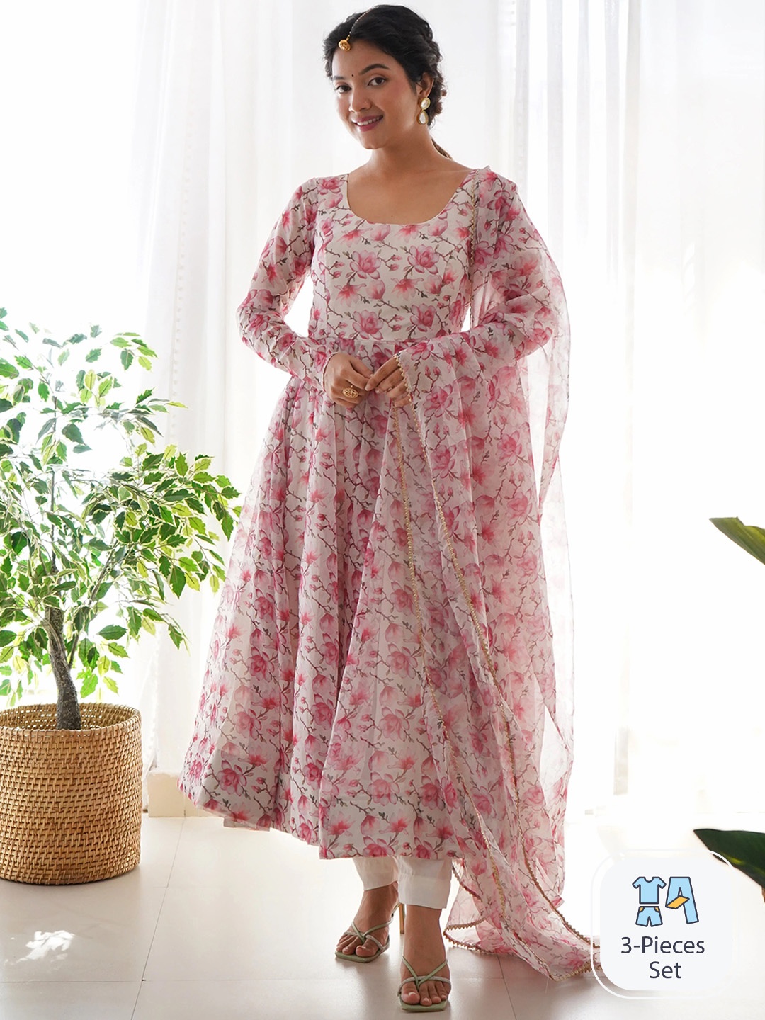

KALINI Floral Printed Kurta With Trousers & Dupatta, Pink