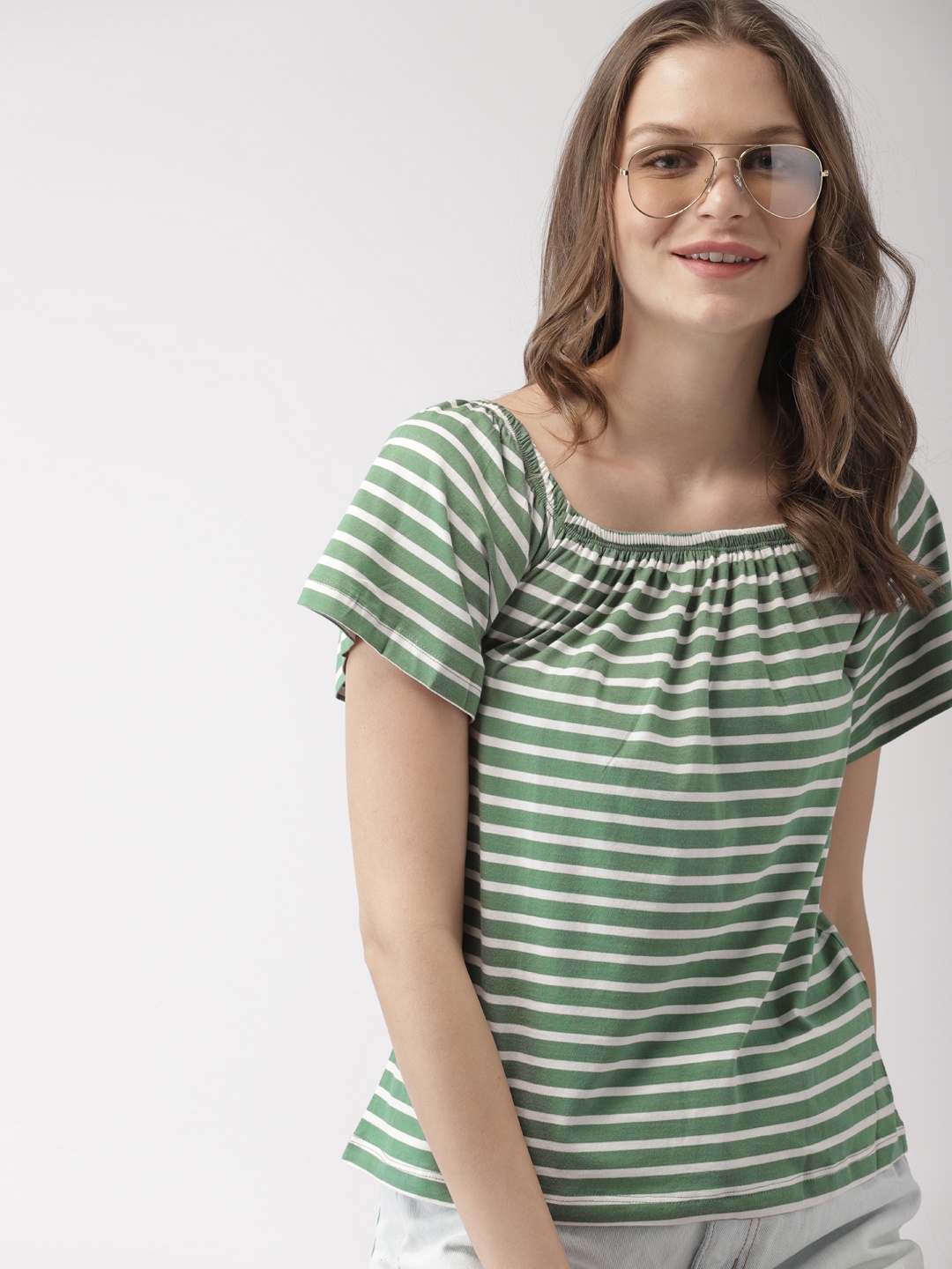 

Mast & Harbour Women Green & White Striped Bardot Top