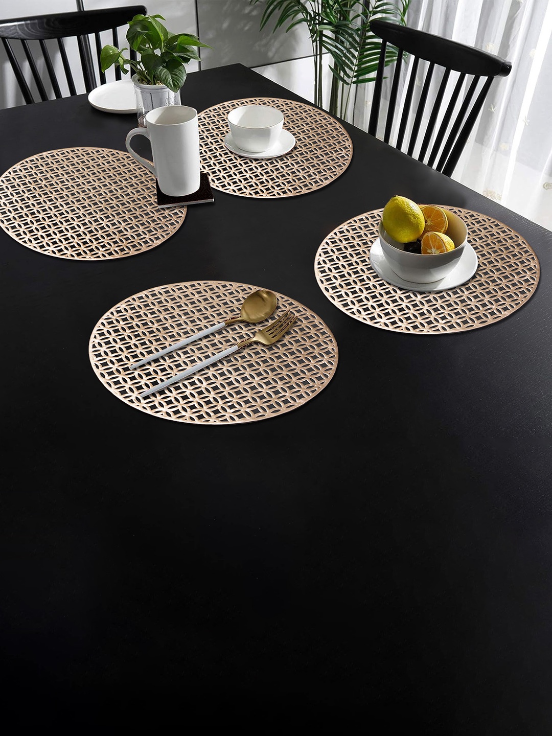

Dakshya Industries 4-Pcs Golden Self Design Round Table Placemats, Gold