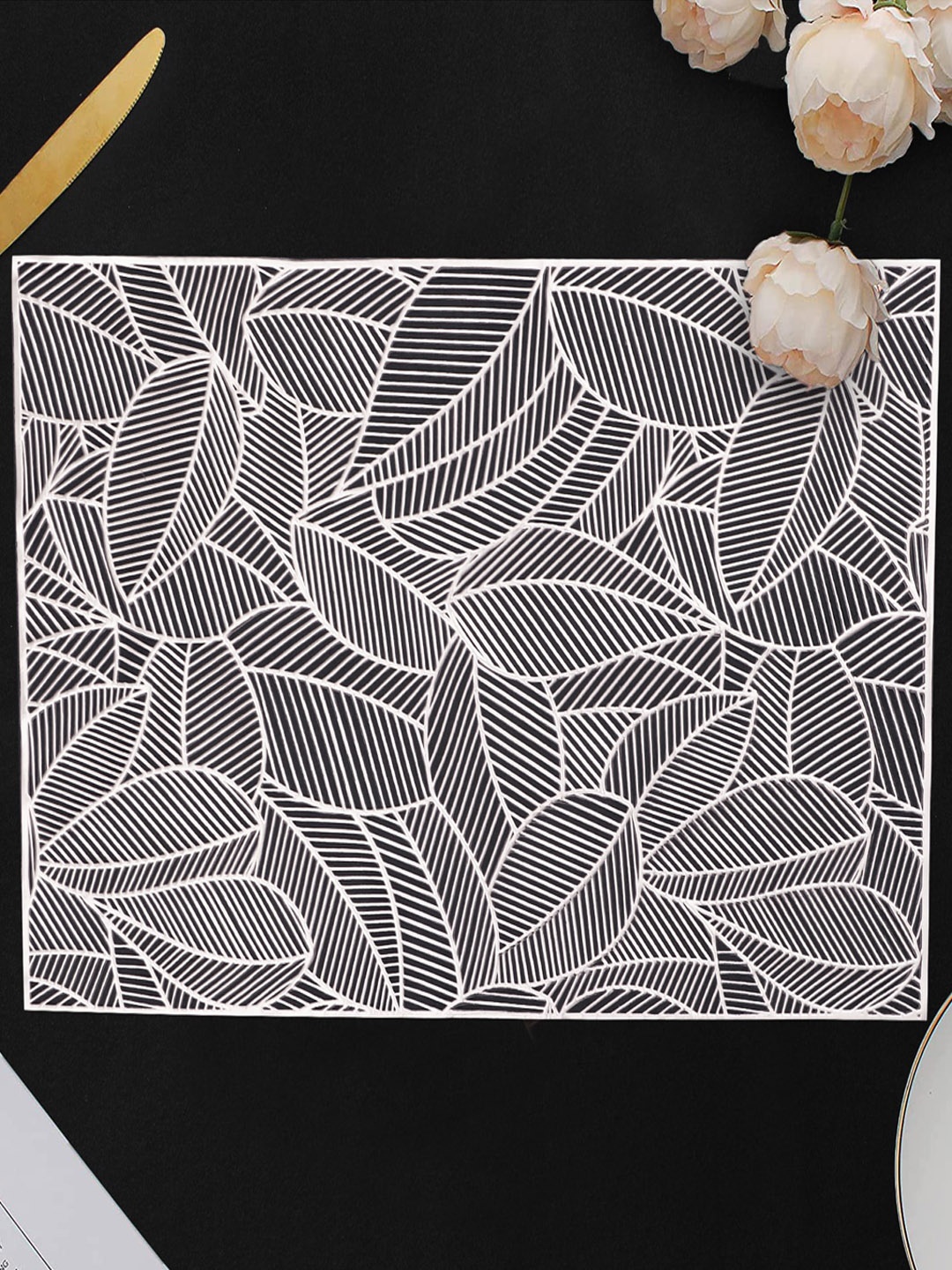 

Dakshya Industries White 4-Pieces Printed Rectangle Table Placemats, Silver