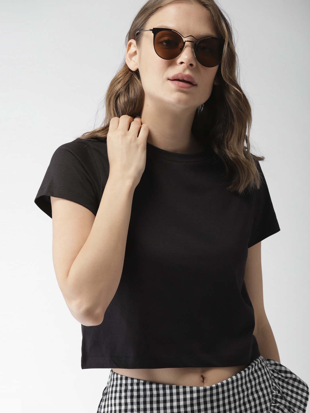 

Mast Harbour Women Black Solid Round Neck Crop Pure Cotton T-shirt