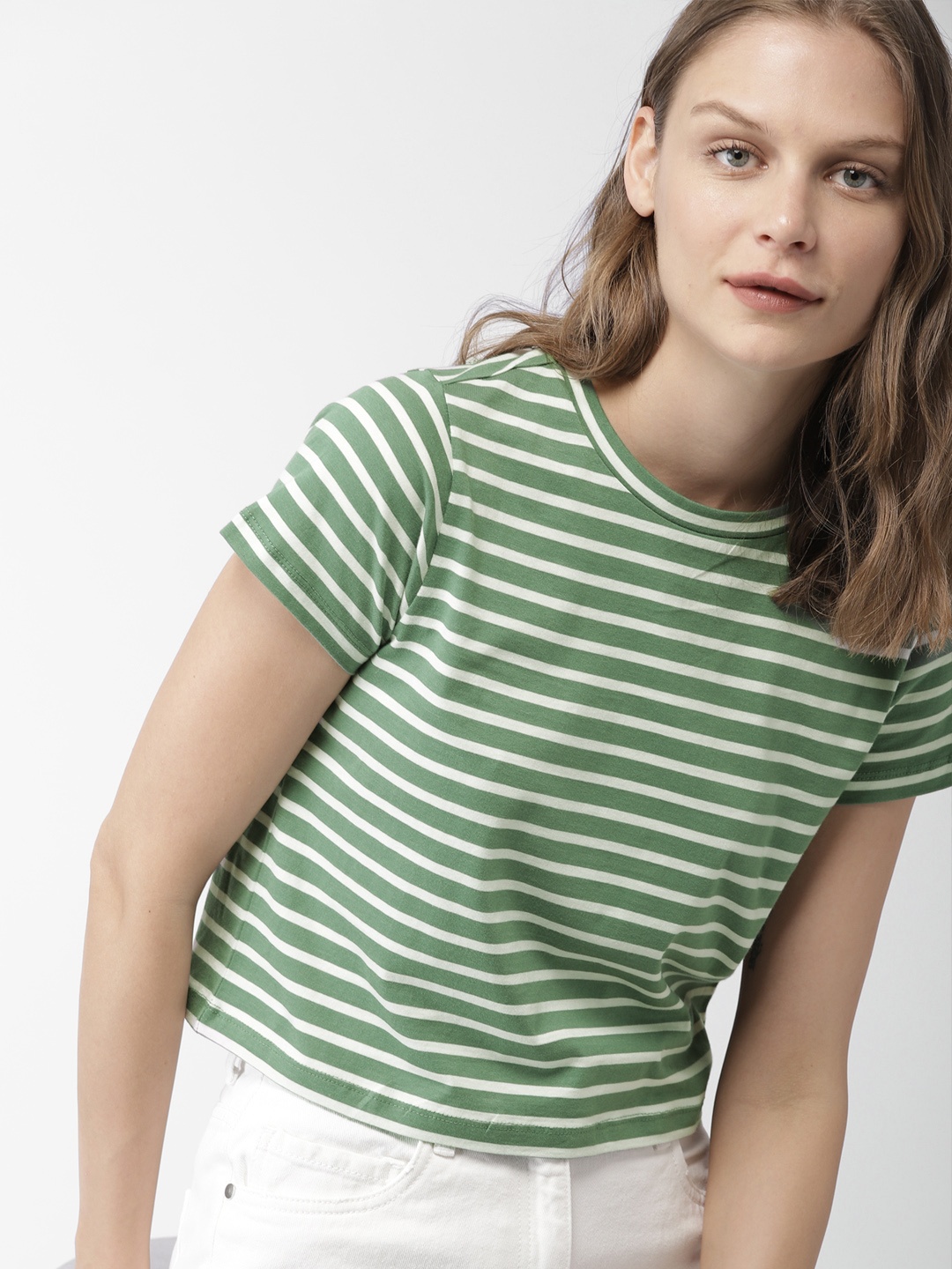 

Mast & Harbour Women Striped Pure Cotton Round Neck T-shirt, Green