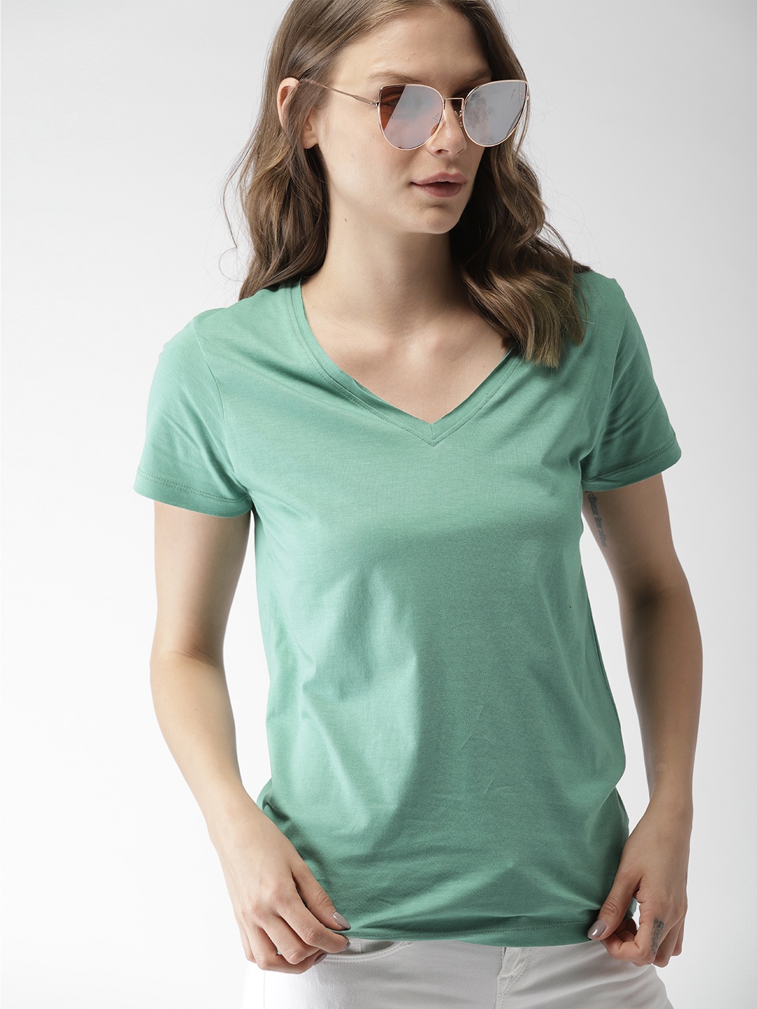 

Mast Harbour Women Mint Green Solid V-Neck Pure Cotton T-shirt