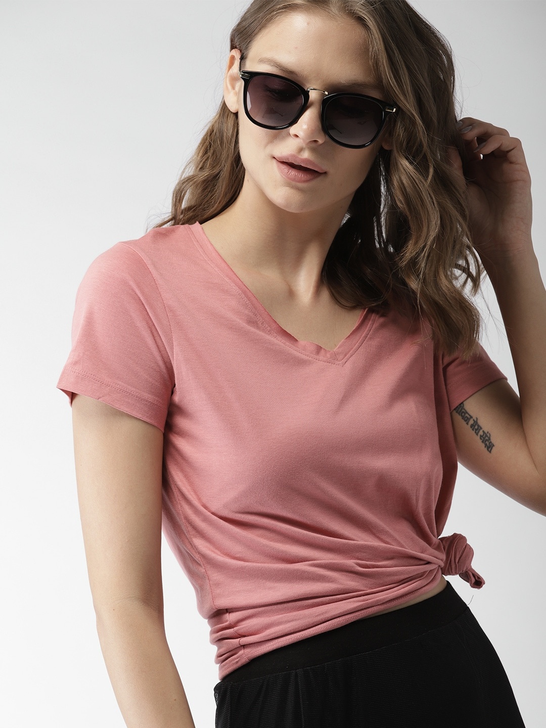 

Mast Harbour Women Rose Solid V-Neck Pure Cotton T-shirt