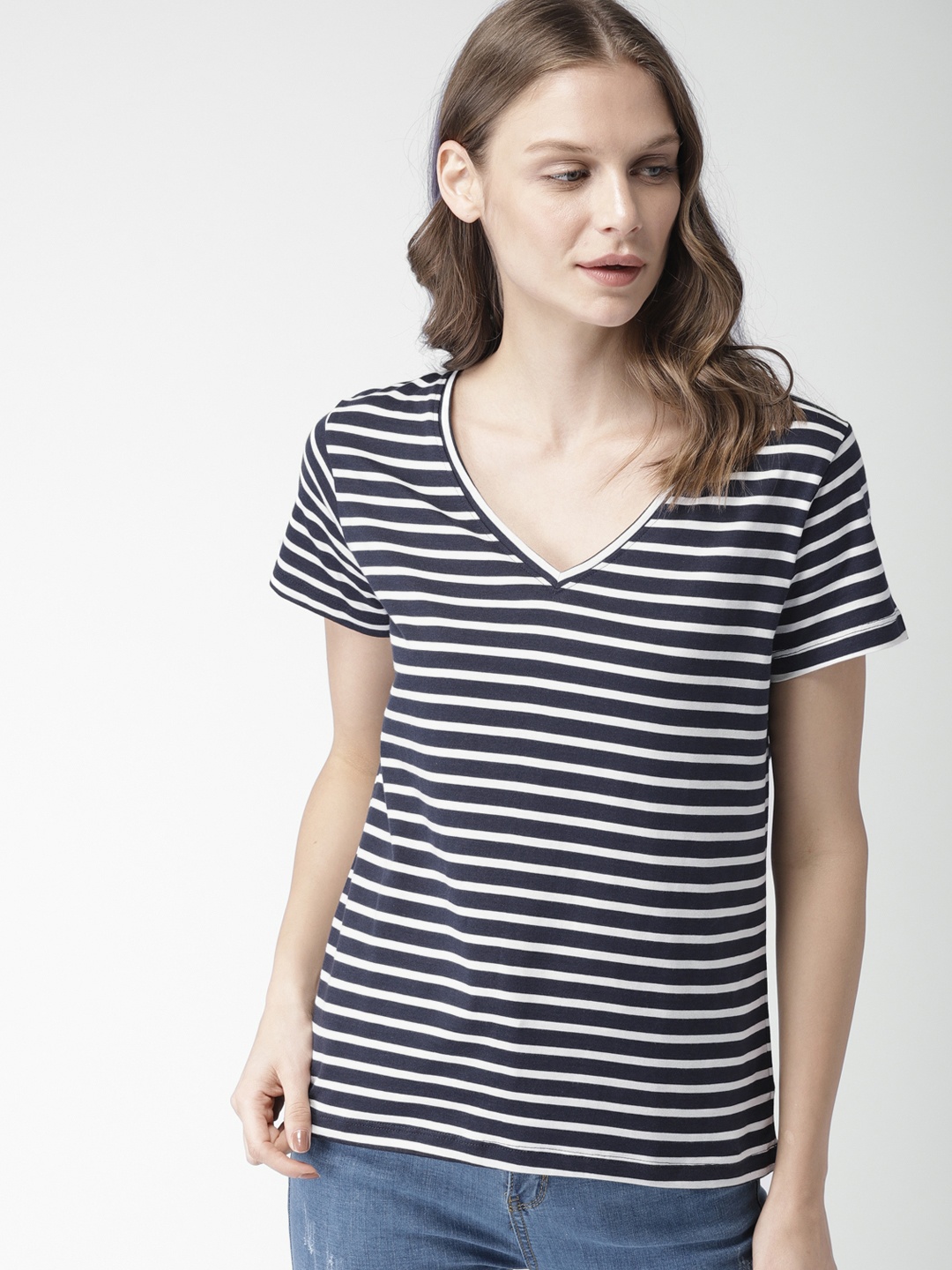 

Mast & Harbour Women Navy Blue Striped V-Neck T-shirt