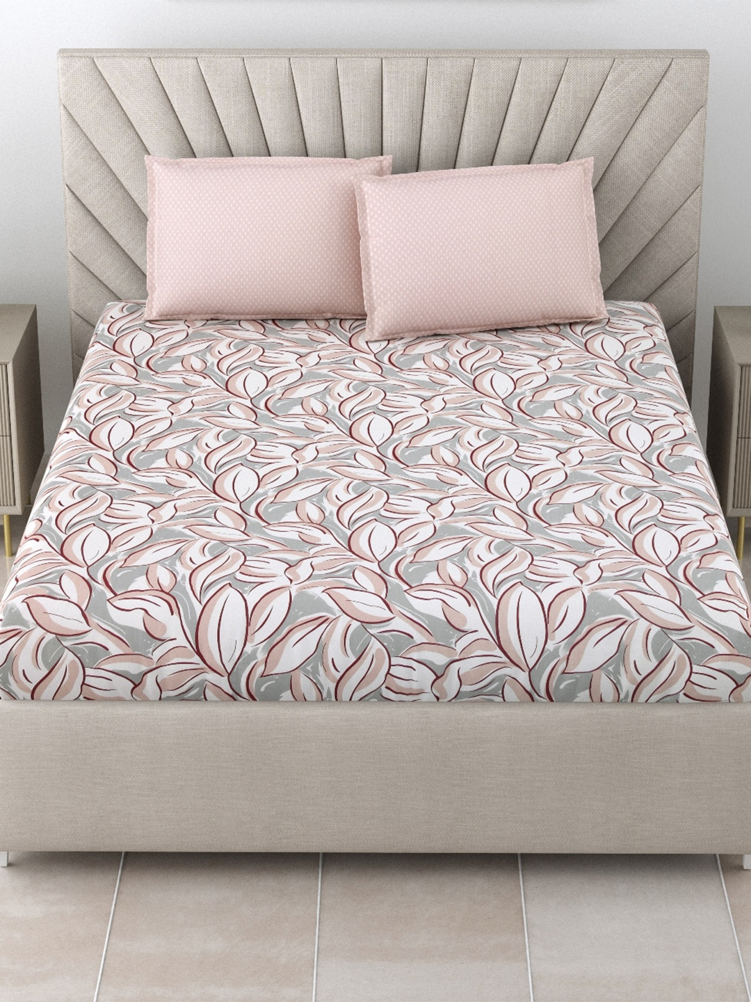 

Salona Bichona Pink & Grey Floral Pure Cotton 144 TC Queen Bedsheet with 2 Pillow Covers