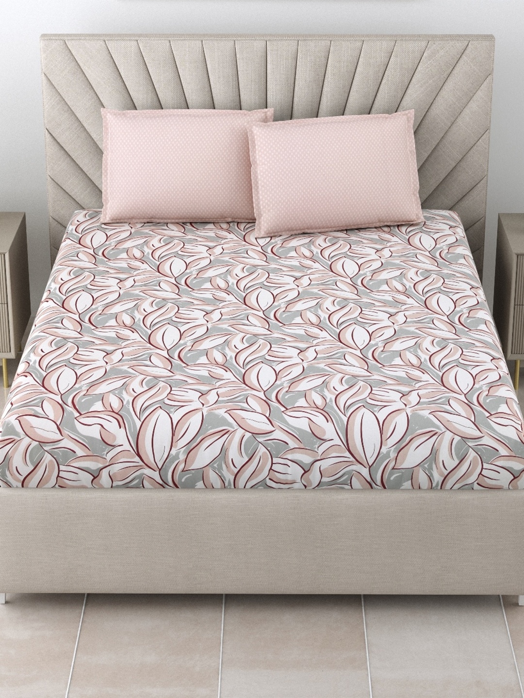 

Salona Bichona Pink & Grey Floral Pure Cotton 144 TC King Bedsheet with 2 Pillow Covers