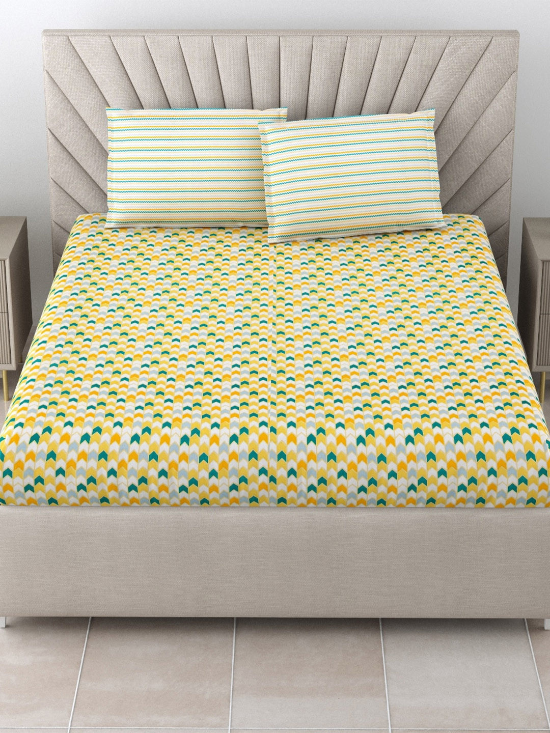

Salona Bichona Yellow & White Pure Cotton 144 TC Queen Bedsheet with 2 Pillow Covers