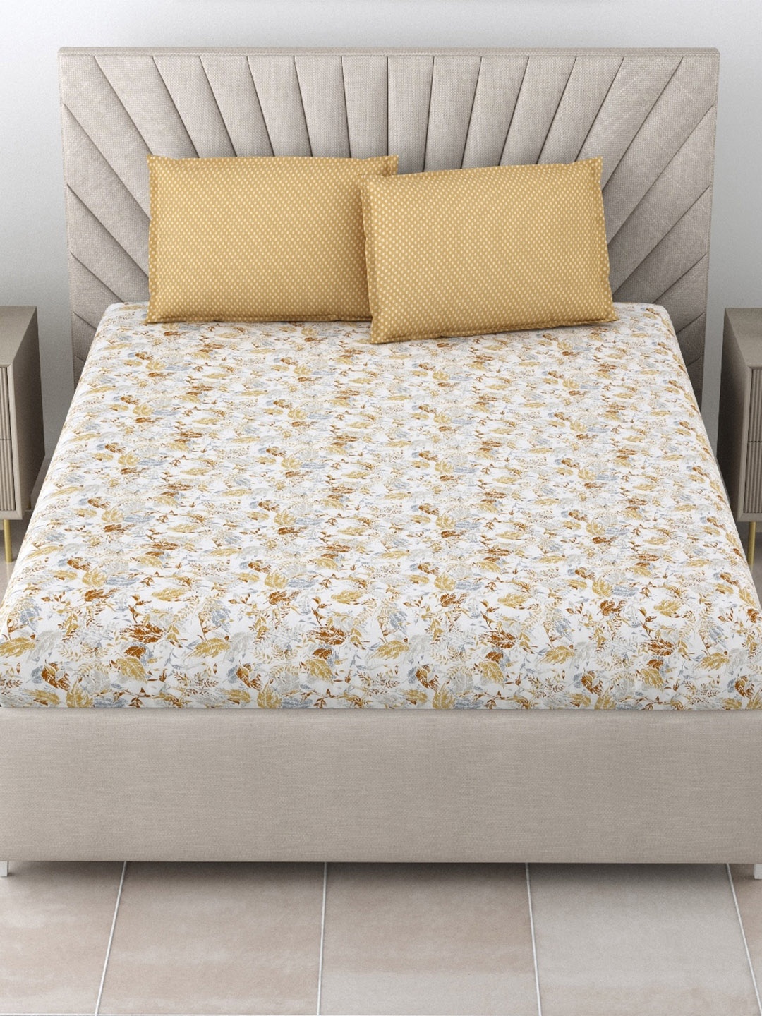 

Salona Bichona Grey & Yellow Pure Cotton 144 TC King Bedsheet with 2 Pillow Covers