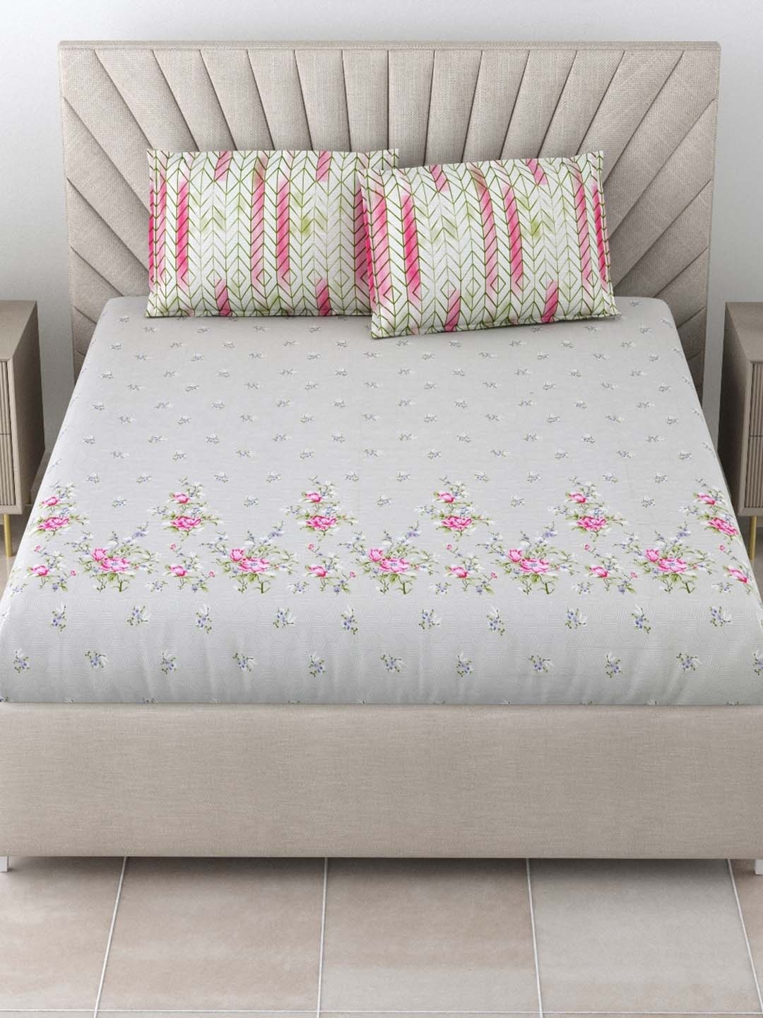 

Salona Bichona Grey & Pink Floral Pure Cotton 144 TC King Bedsheet with 2 Pillow Covers