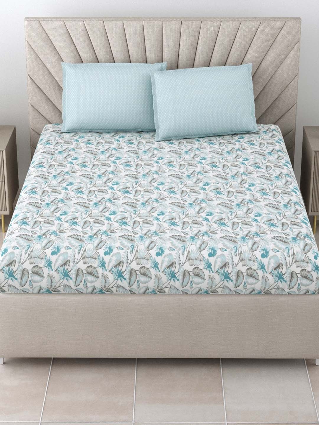 

Salona Bichona White & Blue Floral Pure Cotton 144 TC Queen Bedsheet with 2 Pillow Covers