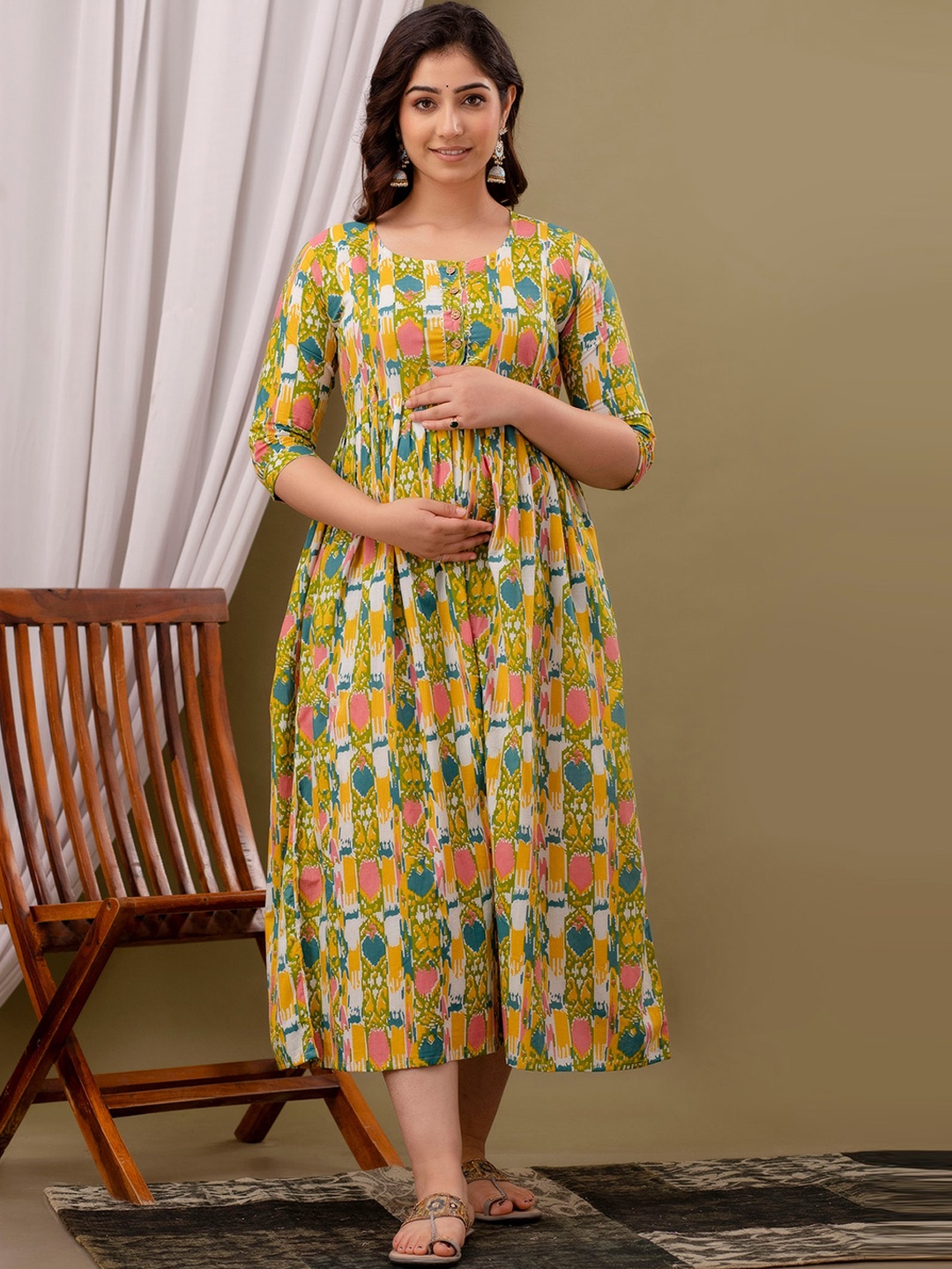 

NITVAN Floral Printed Round Neck Gathered Cotton Fit & Flare Maternity Ethnic Dress, Yellow