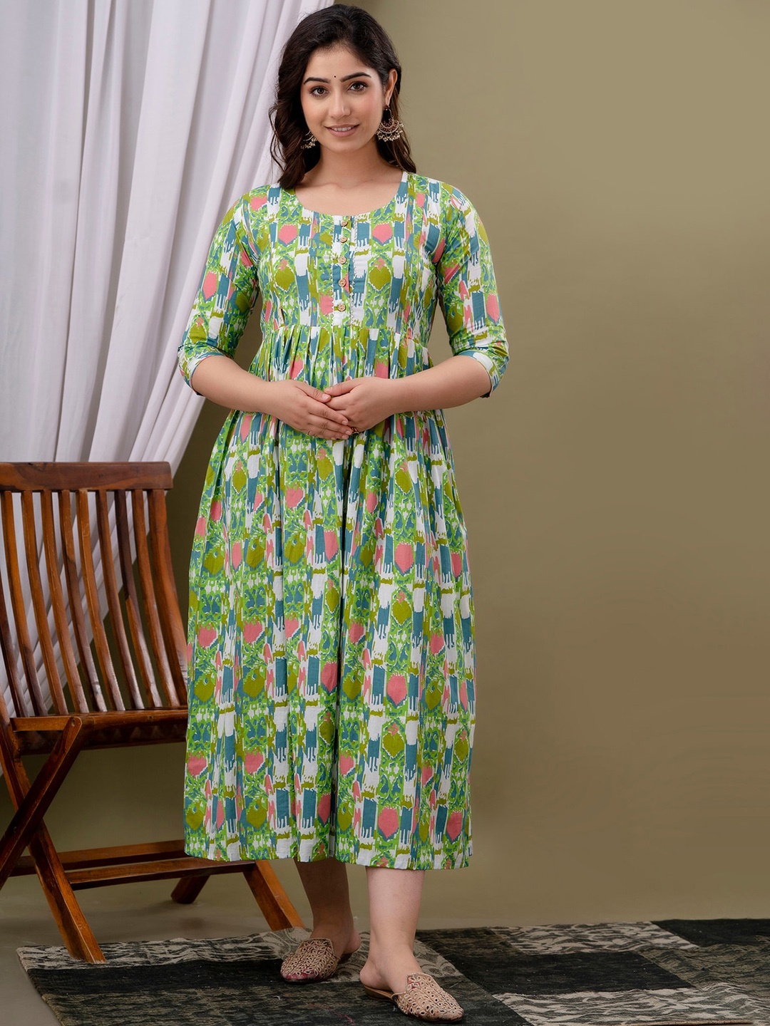 

NITVAN Abstract Printed Thread Work Cotton Maternity A-Line Ethnic Dress, Green