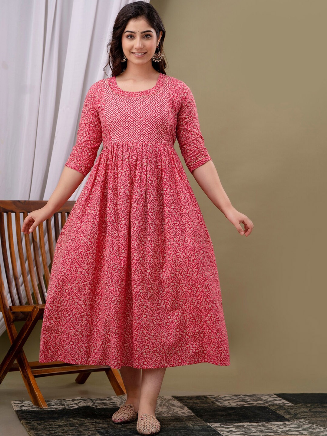 

NITVAN Floral Printed Round Neck Gathered Cotton Fit & Flare Maternity Ethnic Dress, Pink