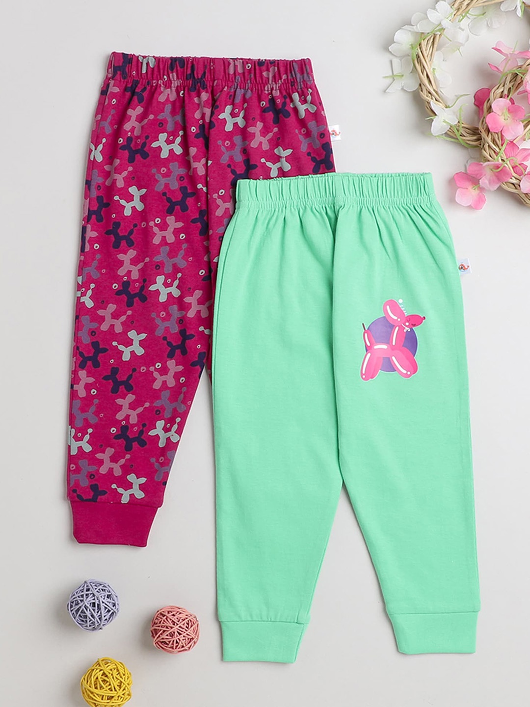 

BUMZEE Girls Pack of 2 Conversational Printed Cotton Joggers, Maroon