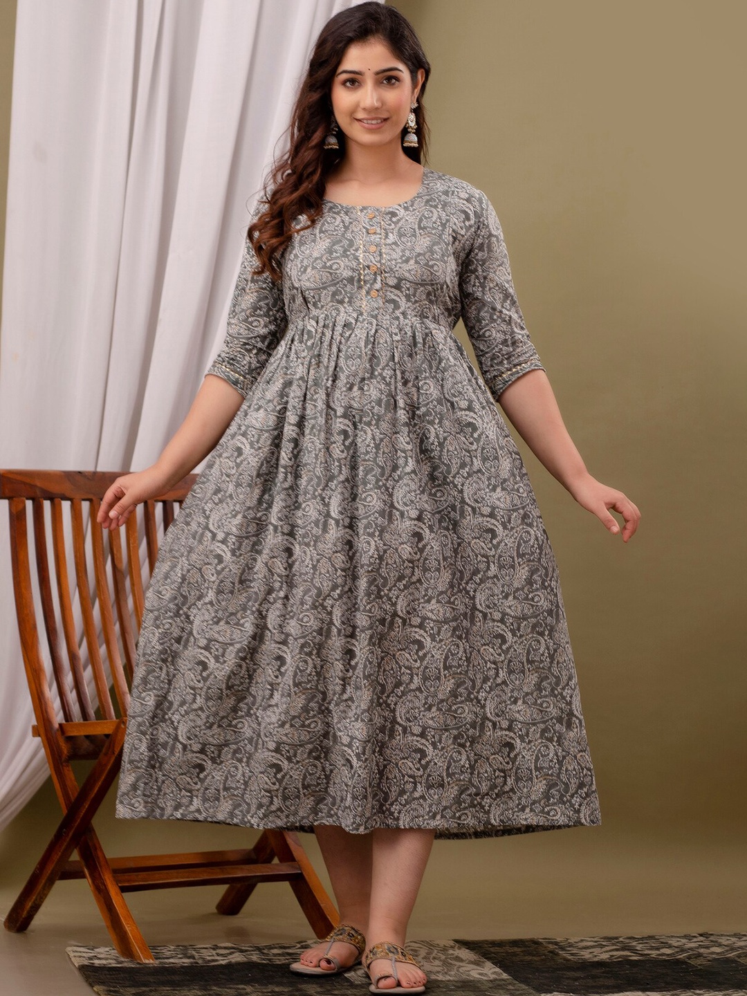 

NITVAN Ethnic Motifs Printed Round Neck Gathered Cotton Fit & Flare Maternity Ethnic Dress, Grey