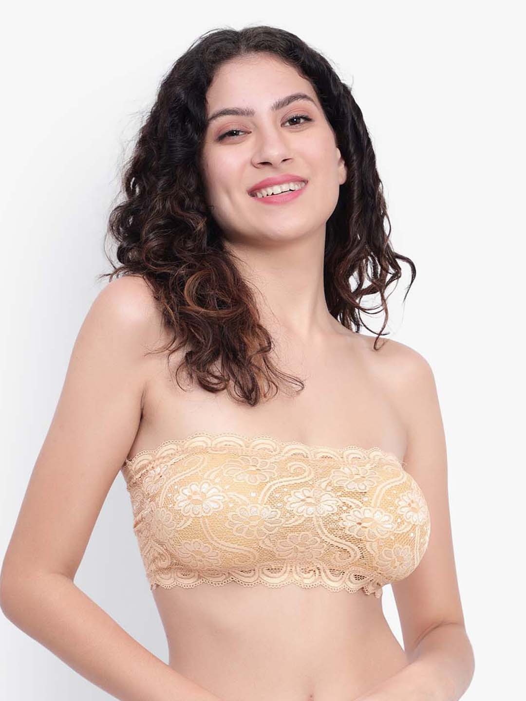 

BRACHY Floral Lace All Day Comfort Non-Wired Lightly Padded Seamless Bandeau Bra, Beige