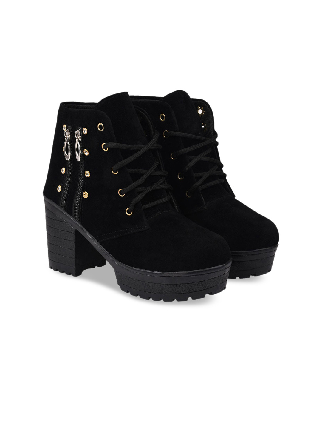 

BAESD Girls Mid Top Platform Heel Suede Regular Boots With Embellished, Black