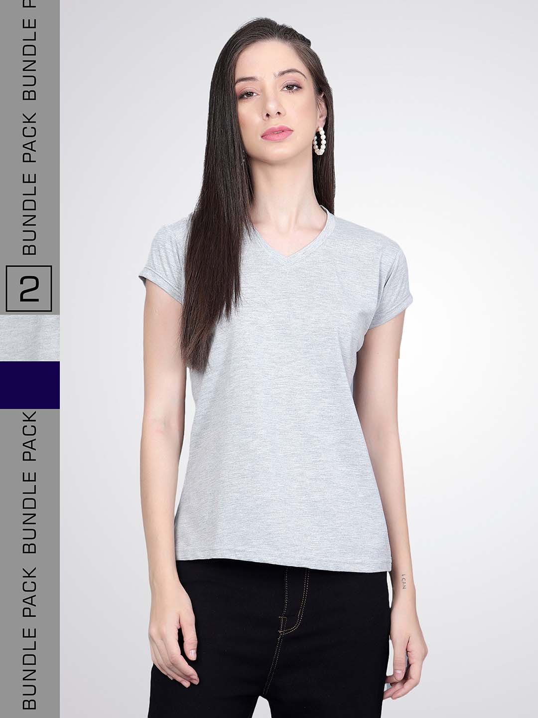 

VIVINKS Pack Of 2 V-Neck Cotton T-shirts, Grey