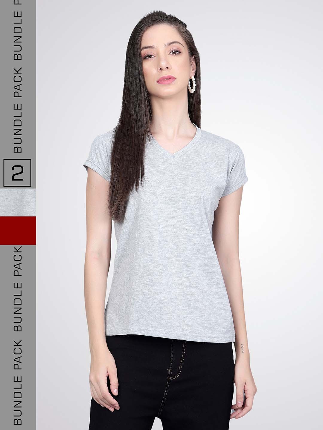 

VIVINKS Pack Of 2 V-Neck Cotton T-shirts, Grey