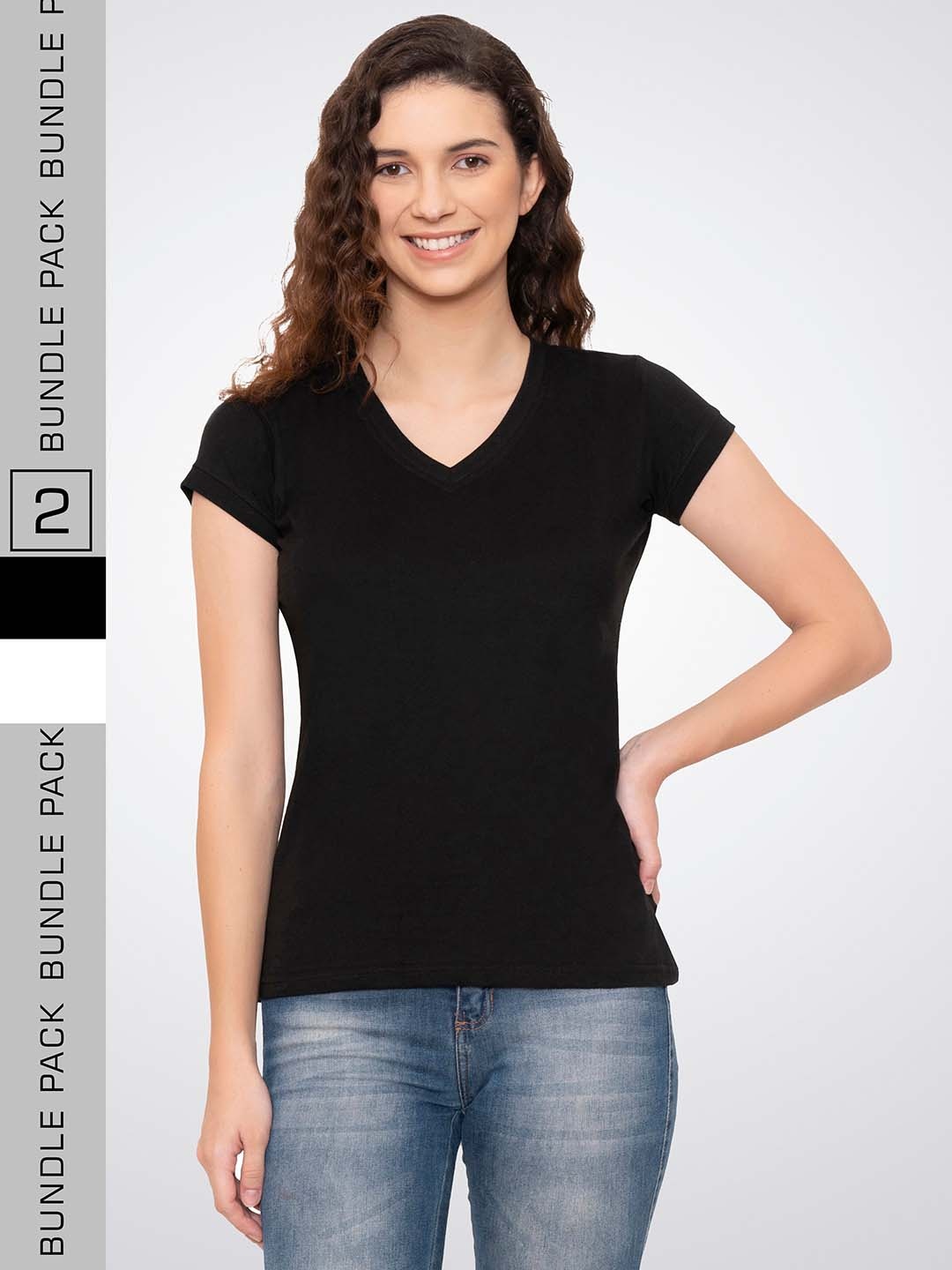 

VIVINKS Pack Of 2 Cotton V-Neck T-shirt, Black