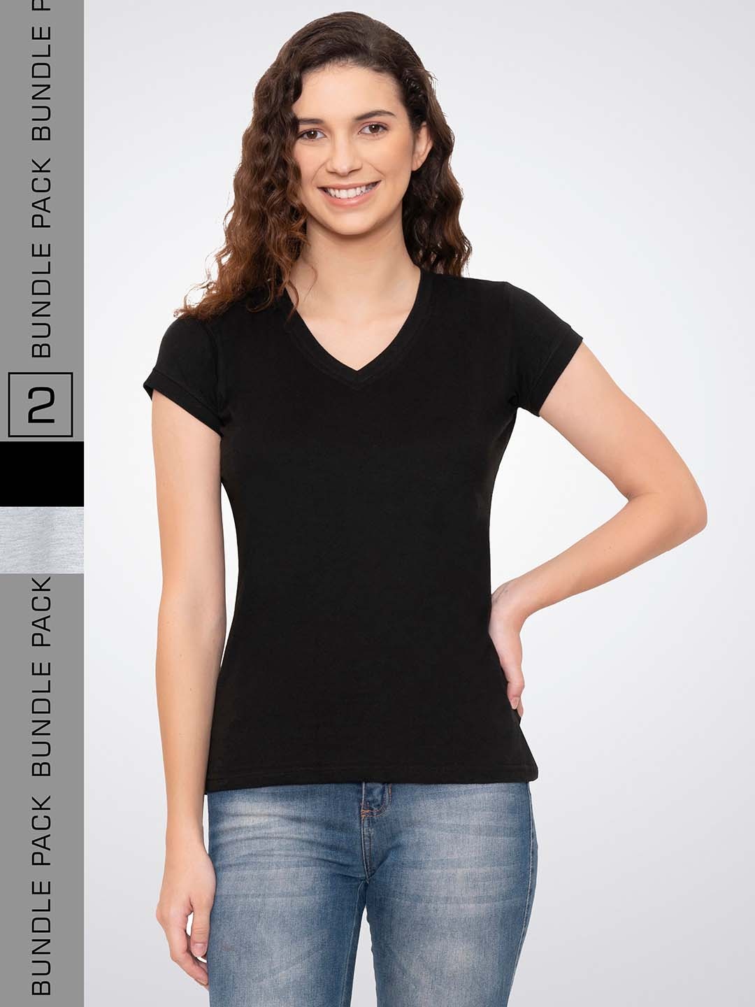 

VIVINKS Pack Of 2 V-Neck Cotton T-shirts, Black