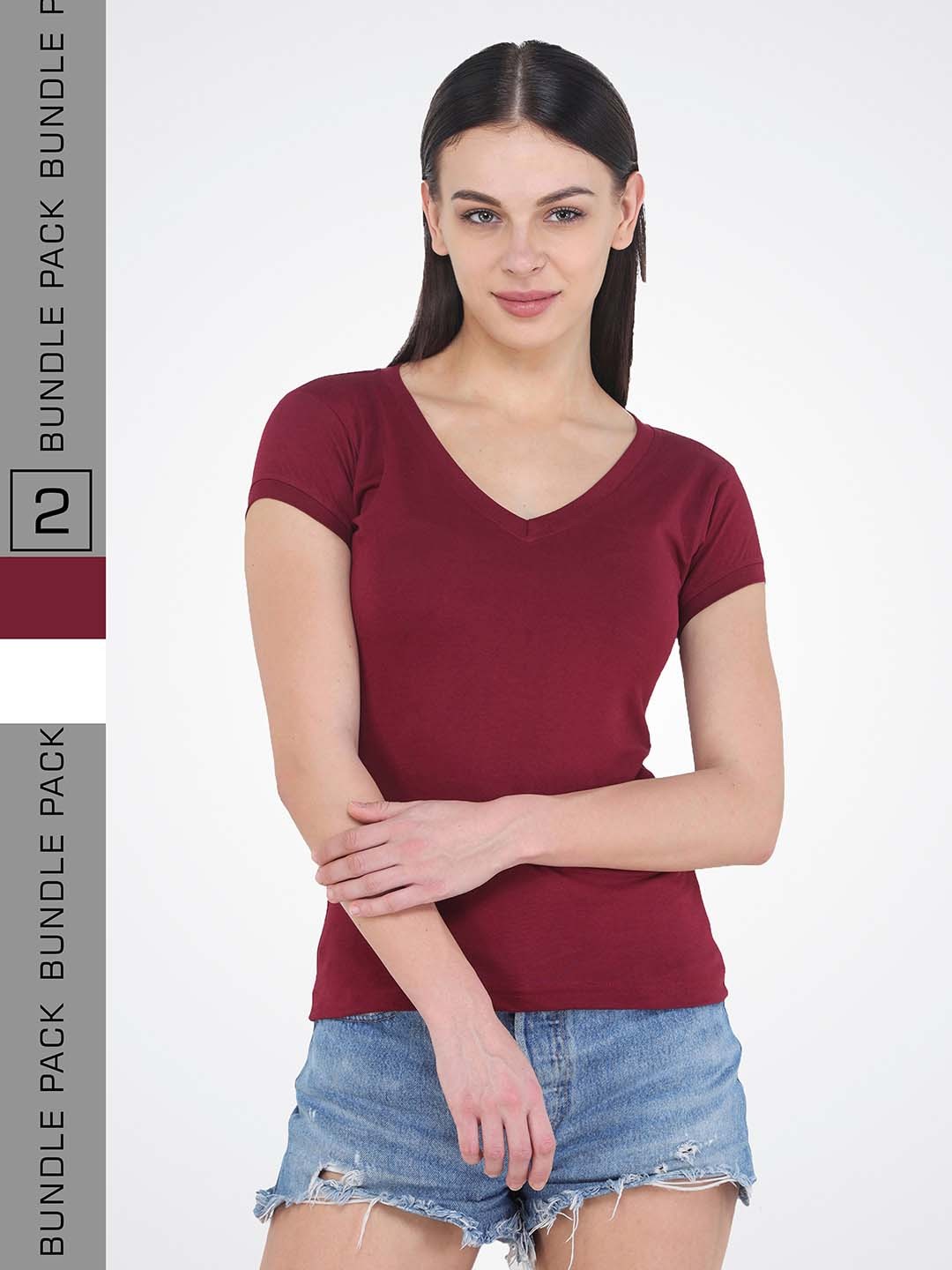 

VIVINKS Pack Of 2 V-Neck Cotton T-shirts, Maroon