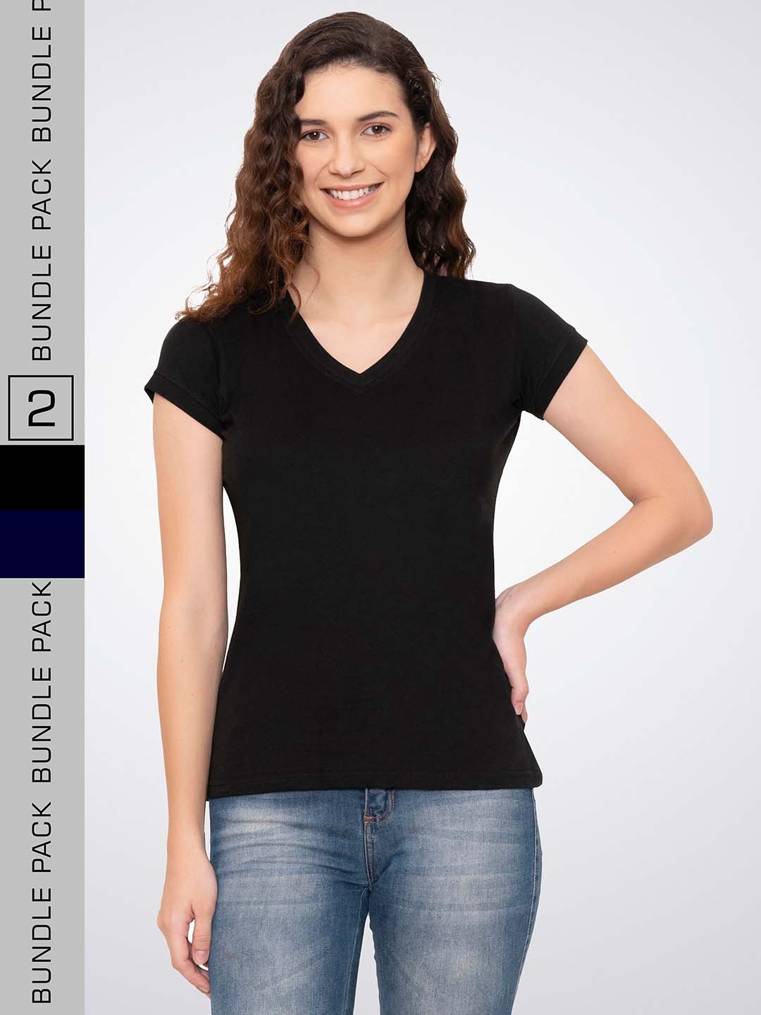 

VIVINKS Pack Of 2 V-Neck Cotton T-shirts, Black