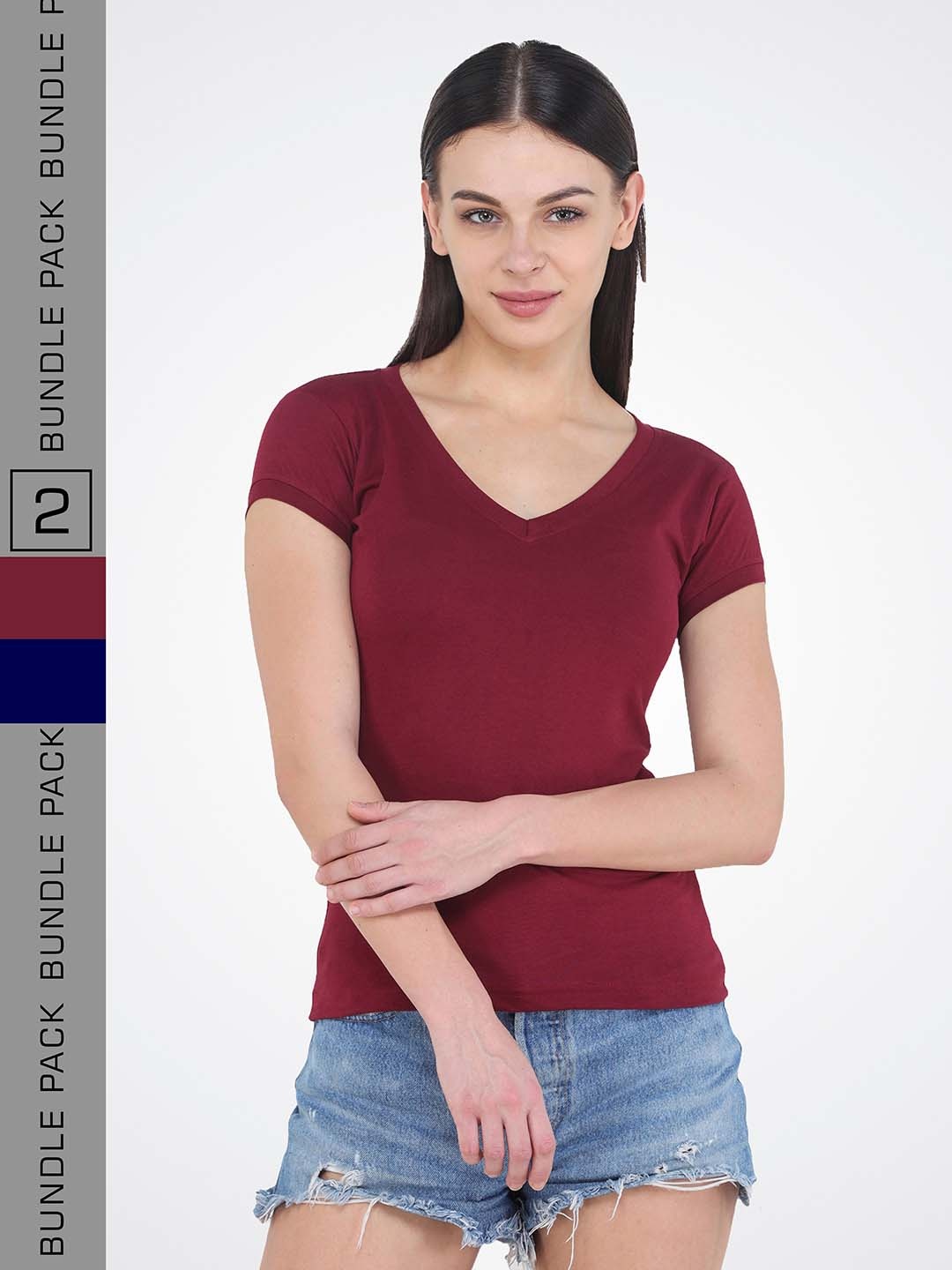 

VIVINKS Pack Of 2 V-Neck Cotton T-shirts, Maroon