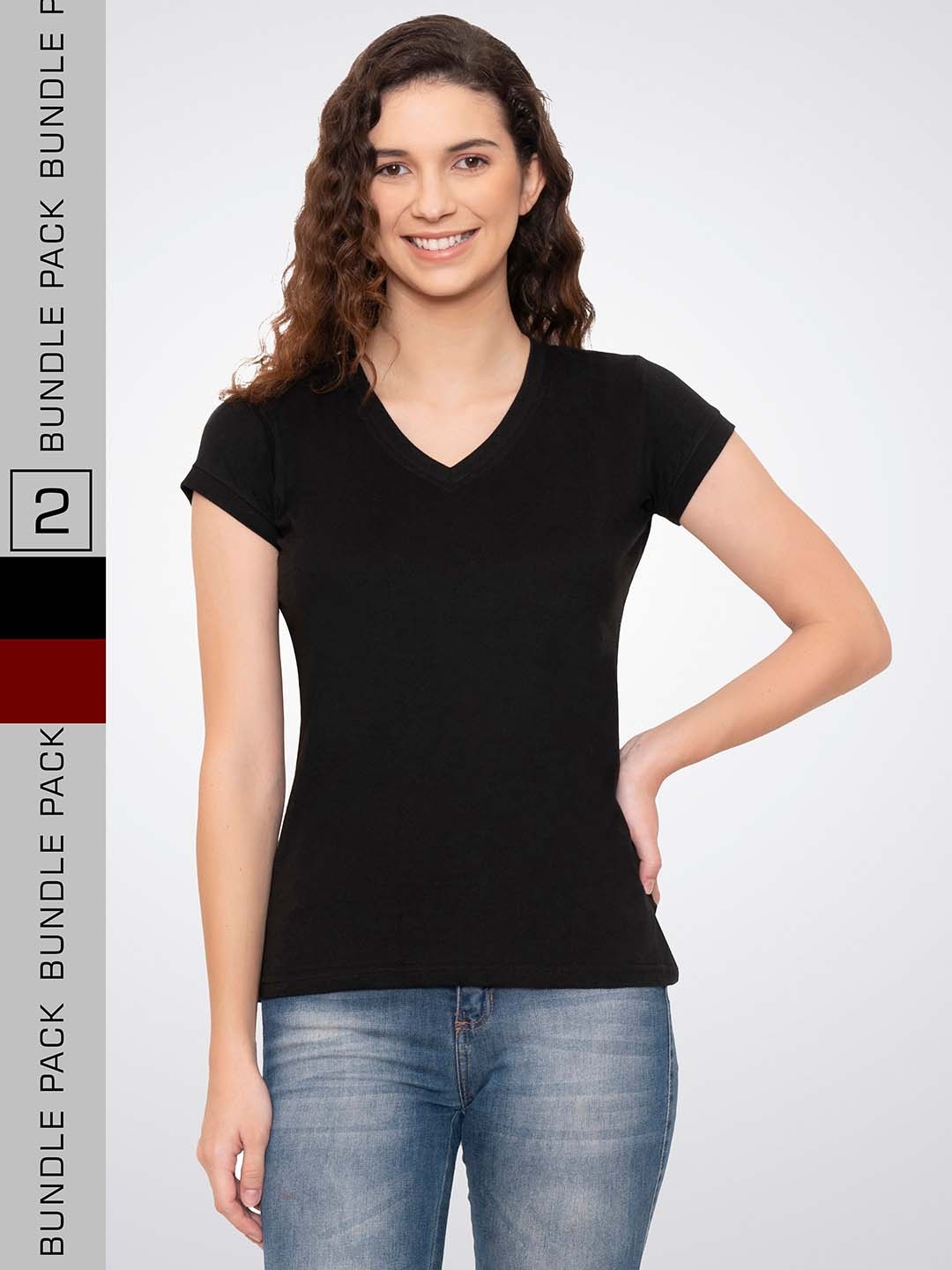 

VIVINKS Pack Of 2 V-Neck Cotton T-shirt, Black