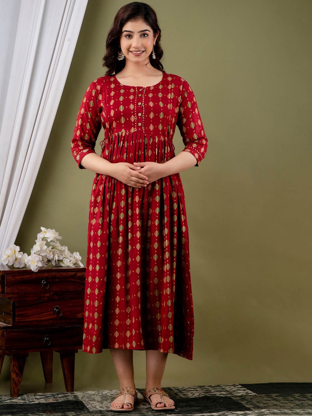 

NITVAN Ethnic Motifs Printed Pleated Detail Maternity Cotton Fit and Flare Ethnic Dresses, Maroon