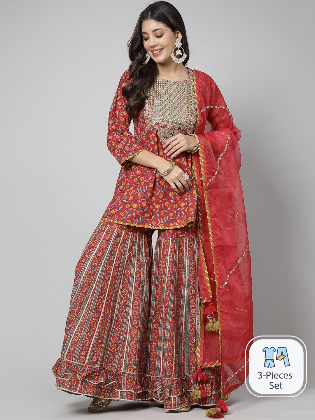 

SWAS Floral Printed Regular Thread Work Kurta & Sharara With Dupatta, Red