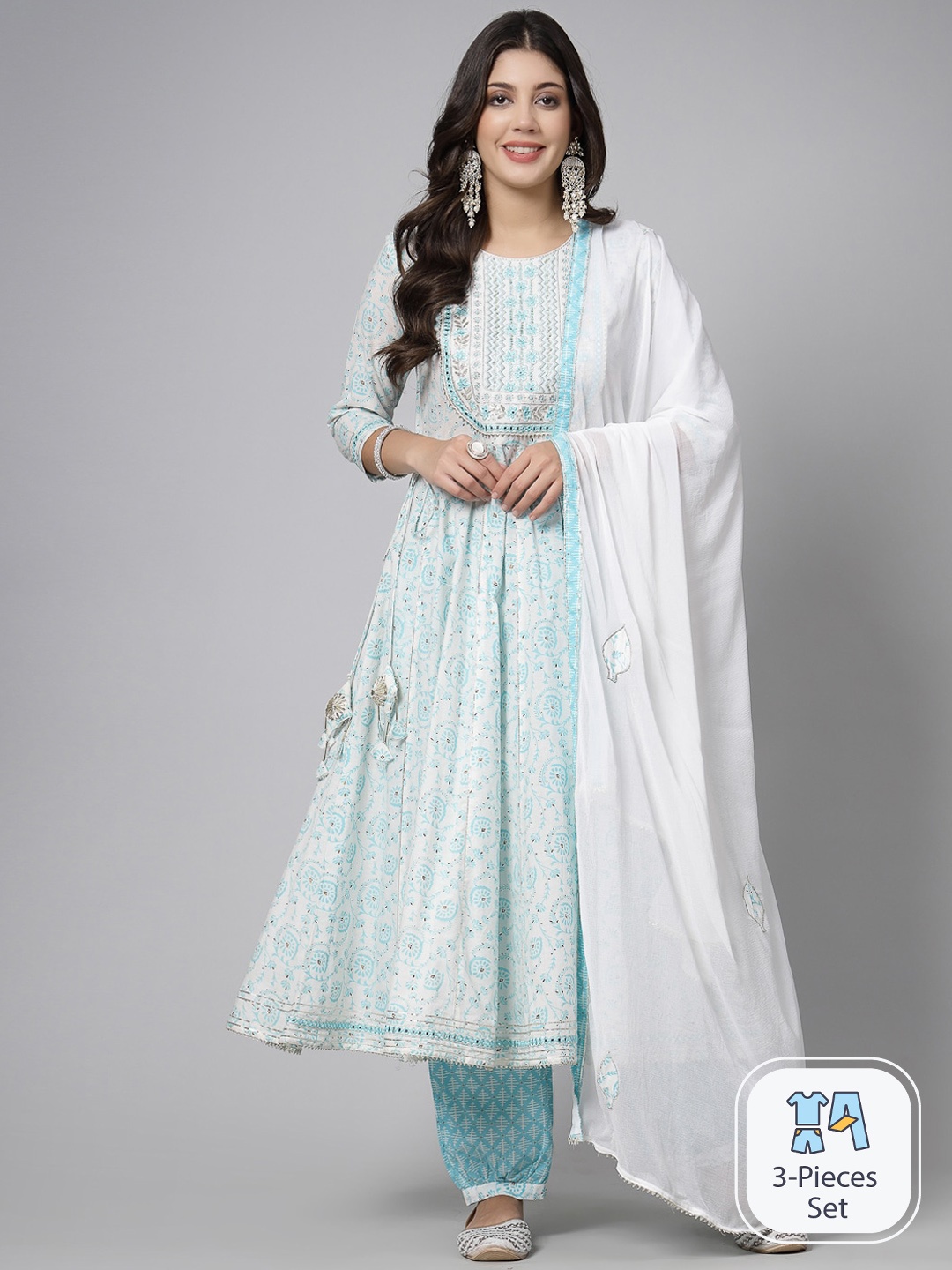 

SWAS Floral Printed Mirror Work Anarkali Kurta & Trousers With Dupatta, White