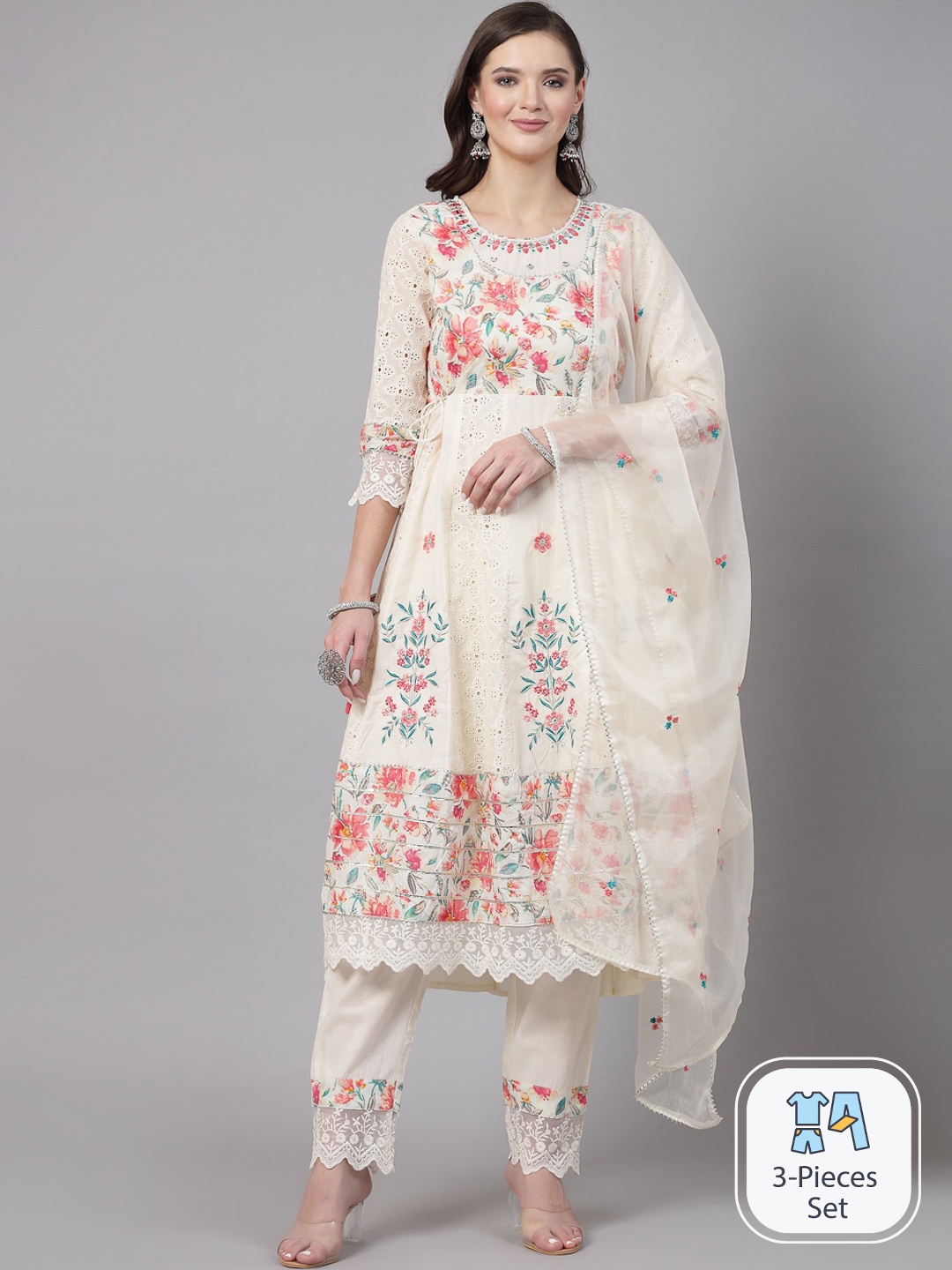

SWAS Floral Printed Mirror Work Anarkali Kurta & Trousers With Dupatta, Beige