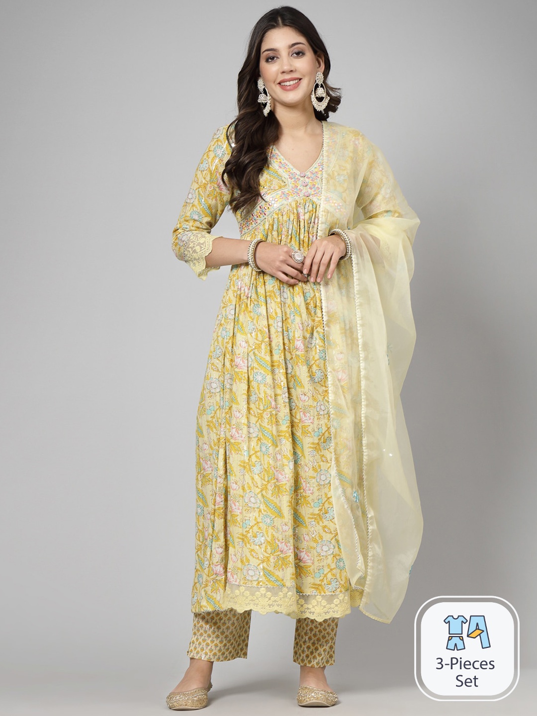 

SWAS Floral Printed Thread Work Anarkali Kurta & Trousers With Dupatta, Yellow