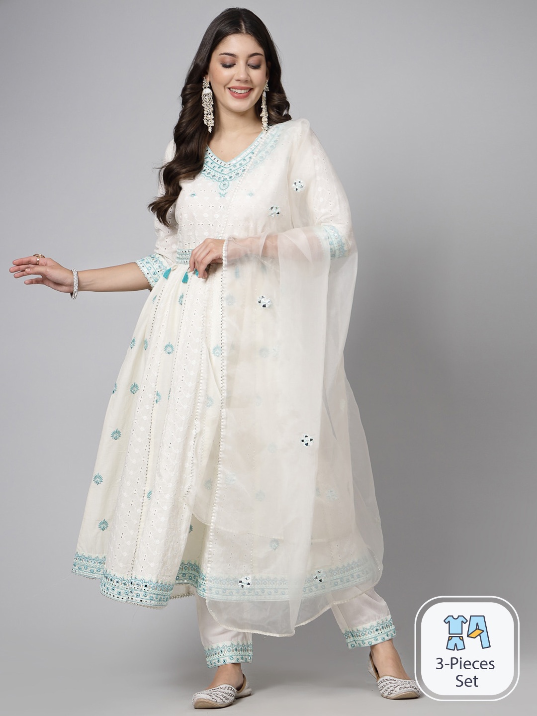 

SWAS Embroidered Regular Mirror Work V-Neck Kurta & Trousers With Dupatta, White
