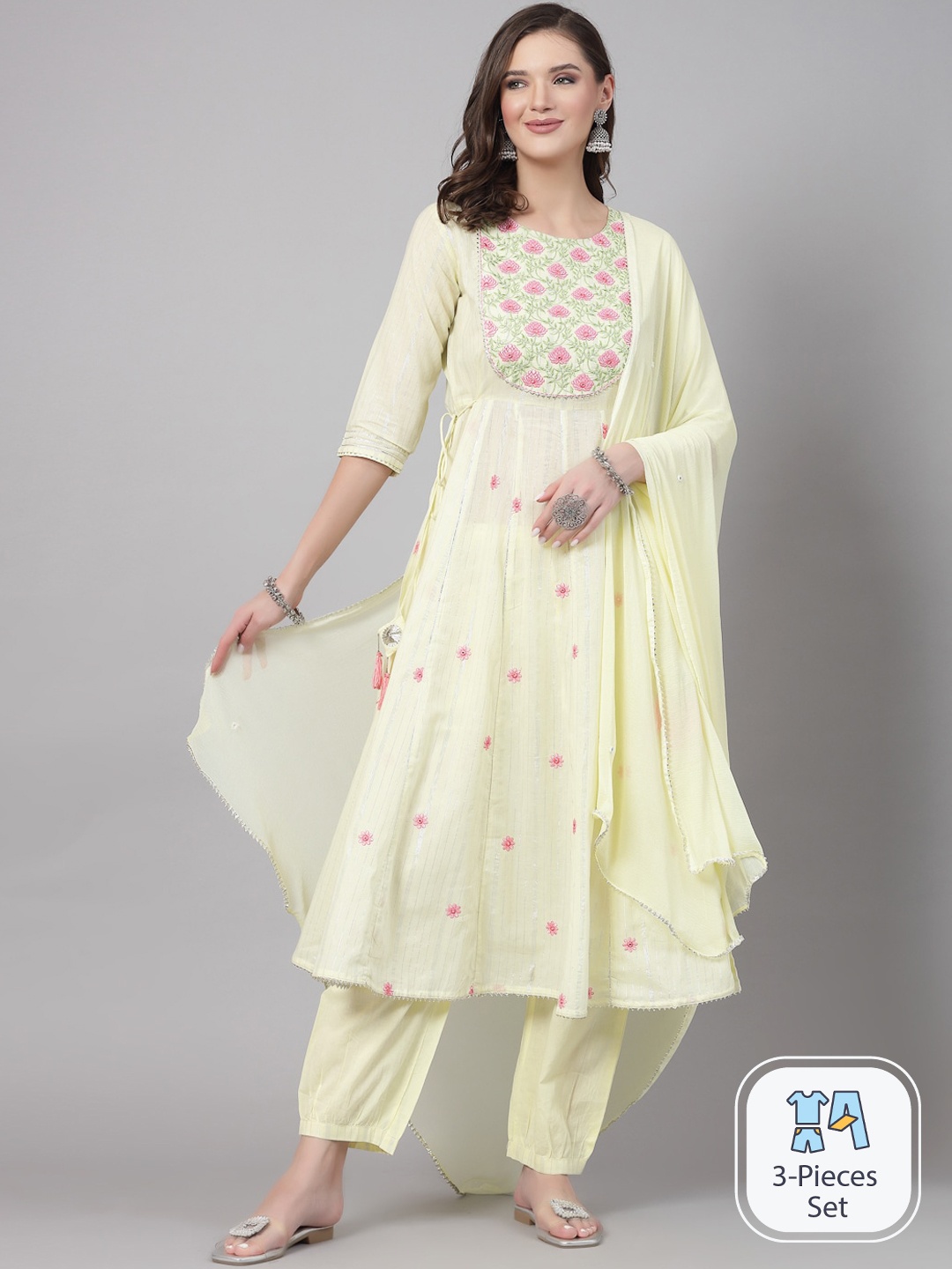 

SWAS Floral Embroidered Thread Work Anarkali Kurta & Trousers With Dupatta, Yellow
