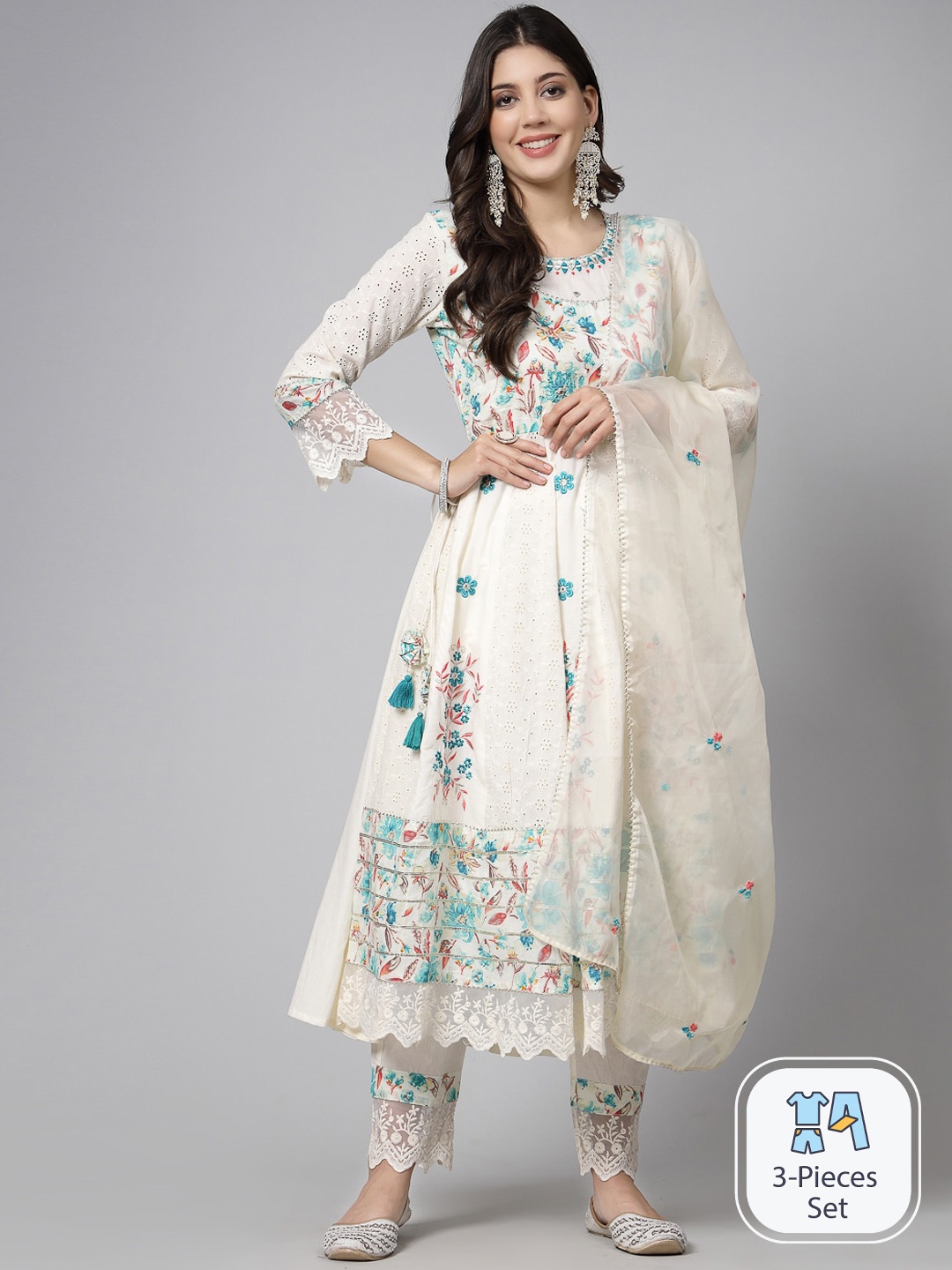 

SWAS Floral Printed Mirror Work Anarkali Kurta & Trousers With Dupatta, Cream