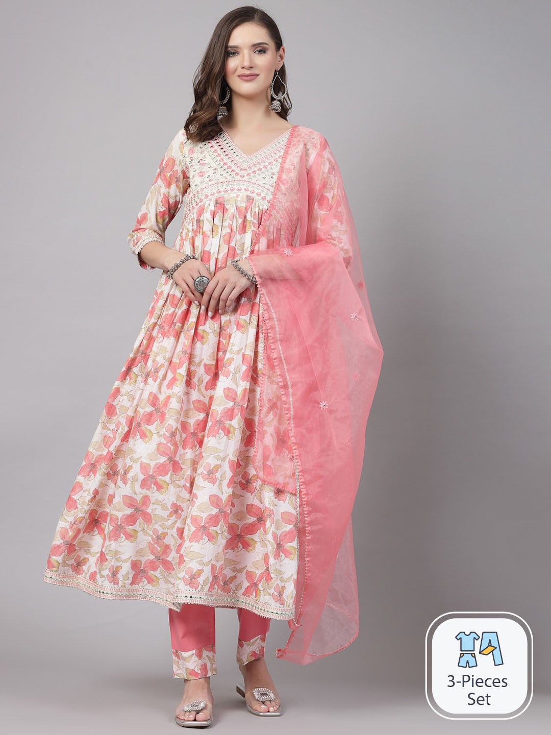 

SWAS Floral Printed Mirror Work Anarkali Kurta & Trousers With Dupatta, Cream