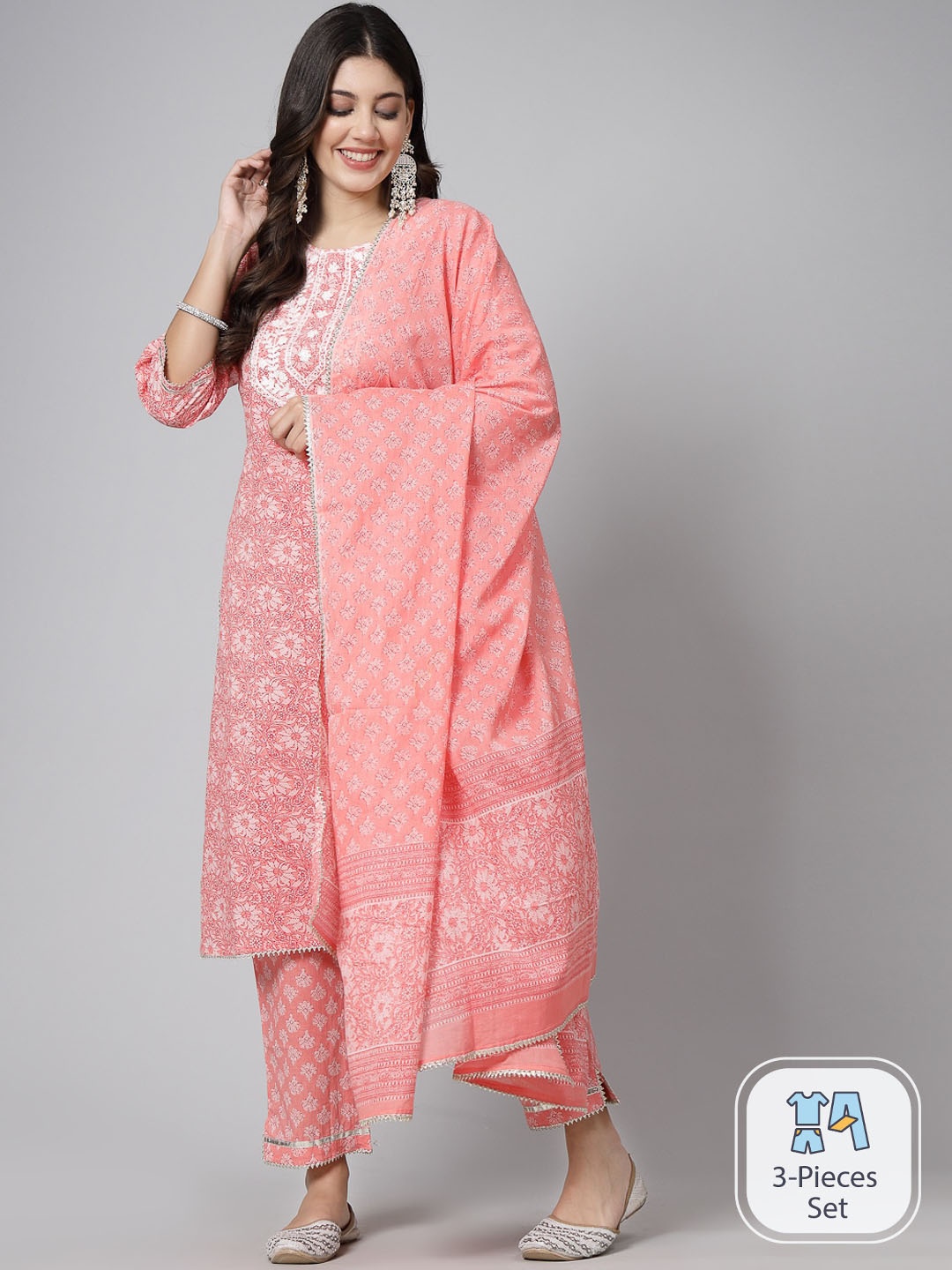 

SWAS Floral Printed Regular Gotta Patti Kurta With Trousers & Dupatta, Pink